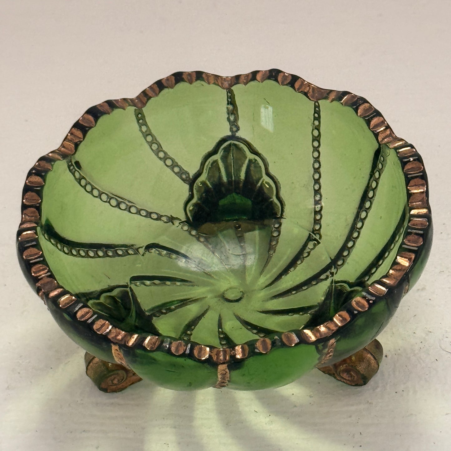 Vintage Green Art Glass Footed Trinket Dish with Gold Accents