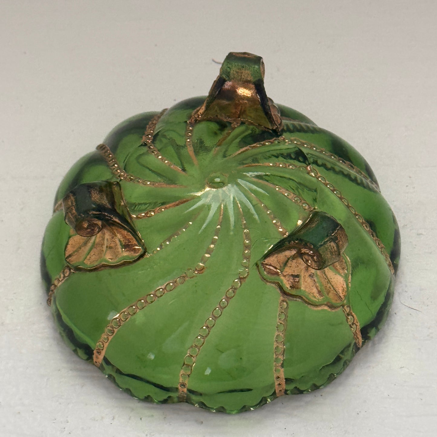 Vintage Green Art Glass Footed Trinket Dish with Gold Accents