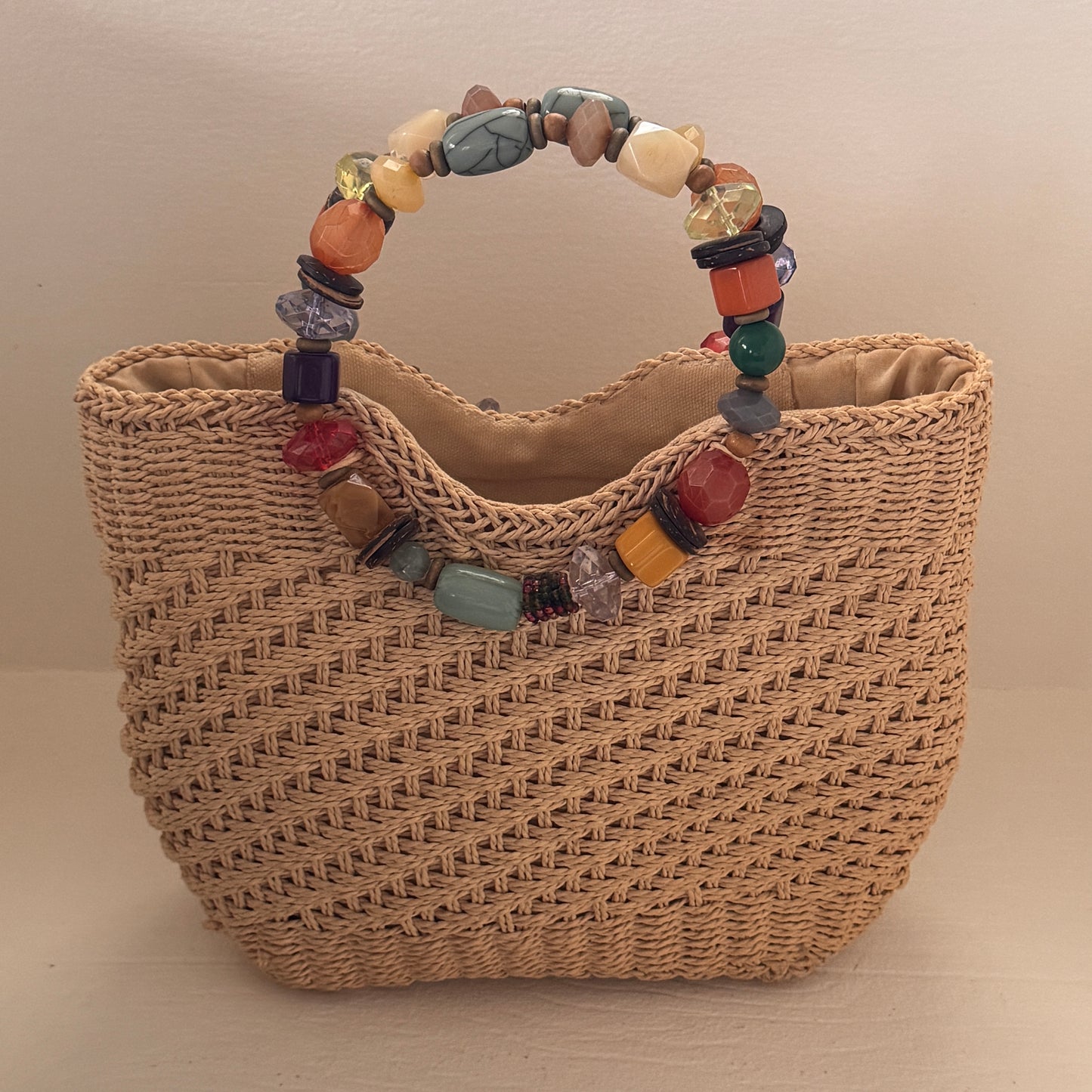 Capelli Straworld Natural Woven Paper Straw Handbag with Multicolor Beaded Handles