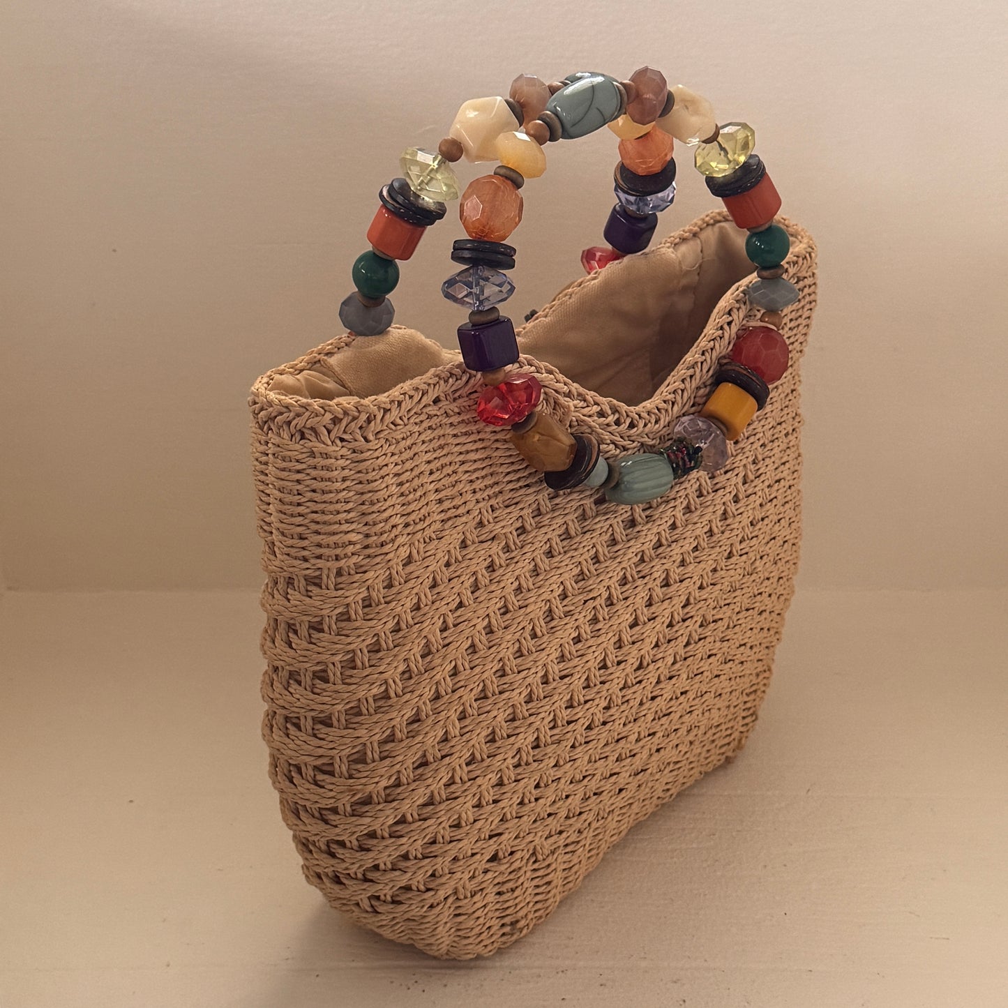 Capelli Straworld Natural Woven Paper Straw Handbag with Multicolor Beaded Handles