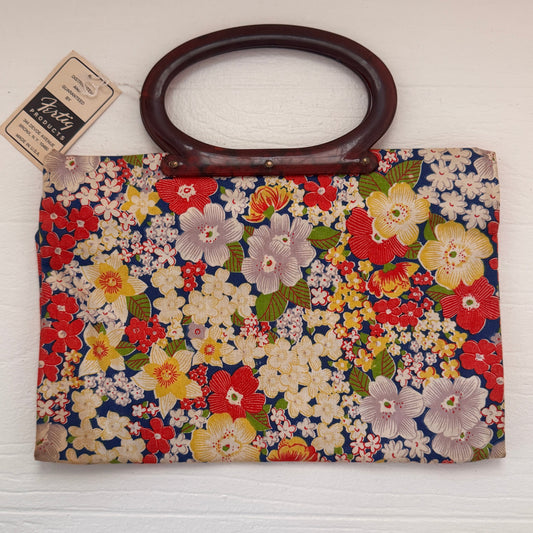 Vintage Fertig Floral Foldover Tote Bag with Bakelite Handles | Convertible Handbag | NOS Deadstock