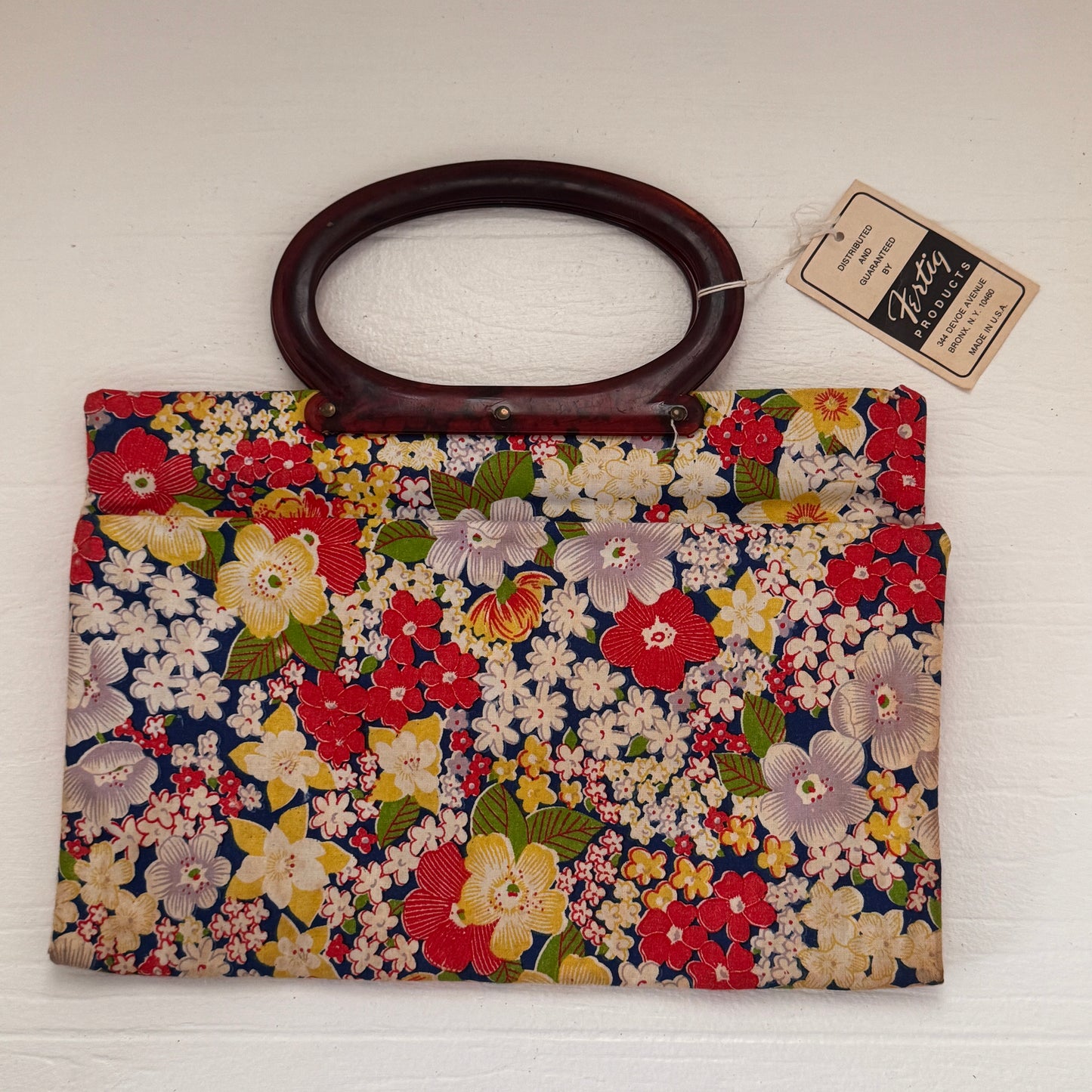 Vintage Fertig Floral Foldover Tote Bag with Bakelite Handles | Convertible Handbag | NOS Deadstock