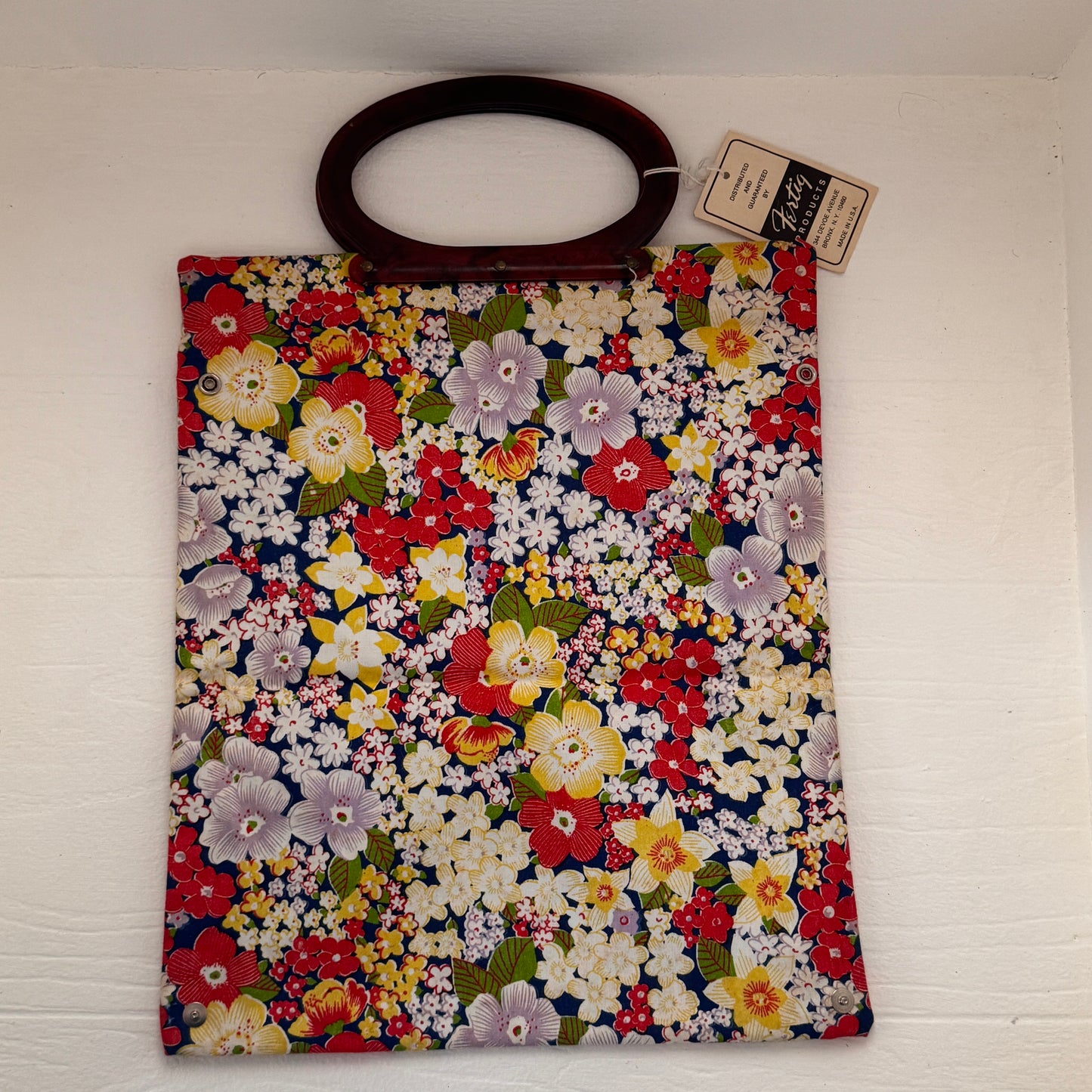 Vintage Fertig Floral Foldover Tote Bag with Bakelite Handles | Convertible Handbag | NOS Deadstock