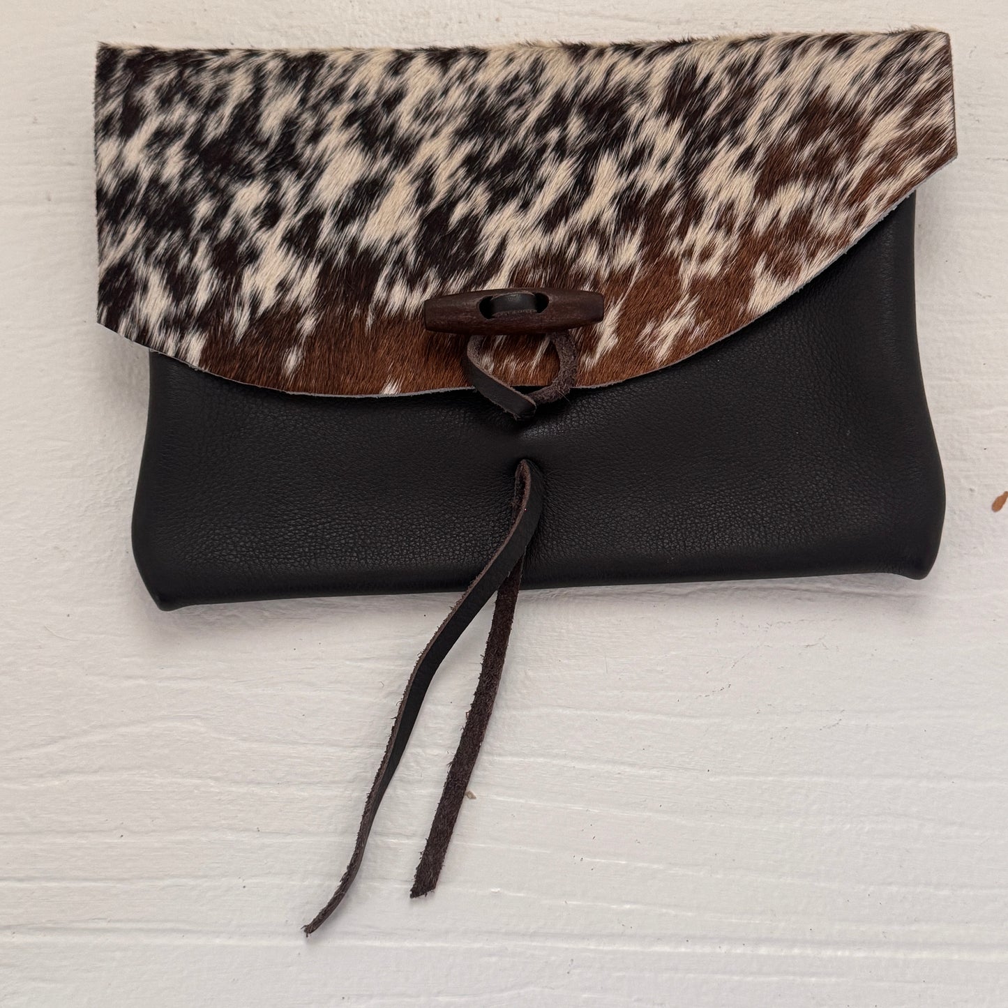 Handmade Cow Print Hair-On Hide Leather Clutch Pouch | Black Leather Toggle Wallet