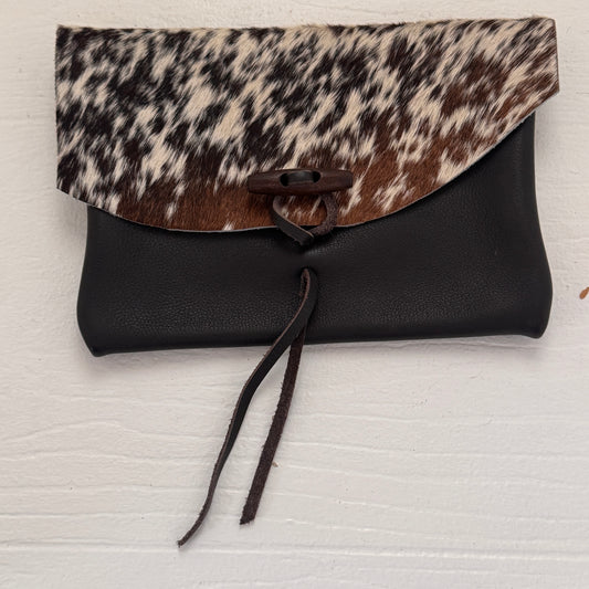 Handmade Cow Print Hair-On Hide Leather Clutch Pouch | Black Leather Toggle Wallet