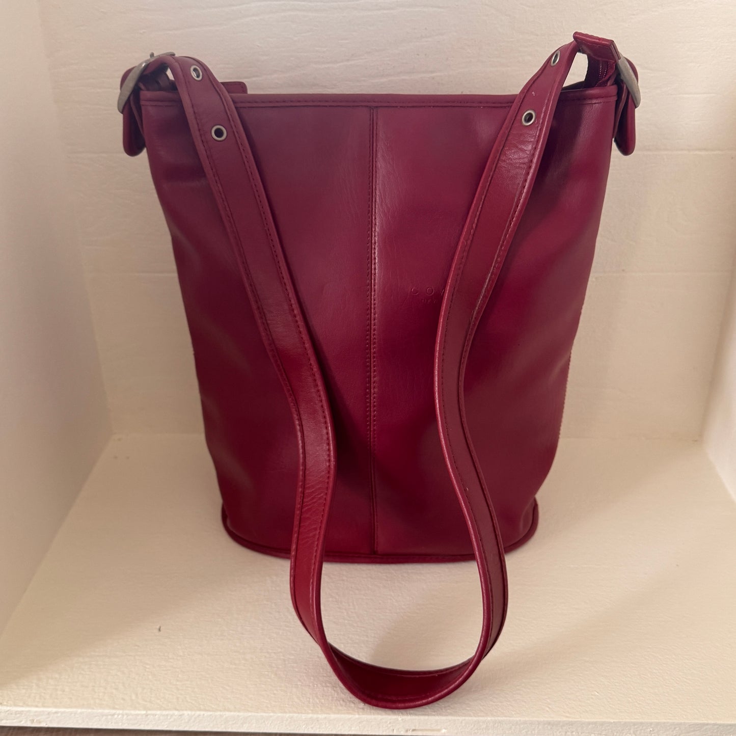 Vintage Coach Berry Leather Bucket Bag | Red Burgundy Shoulder Tote | Adjustable Strap | USA Made