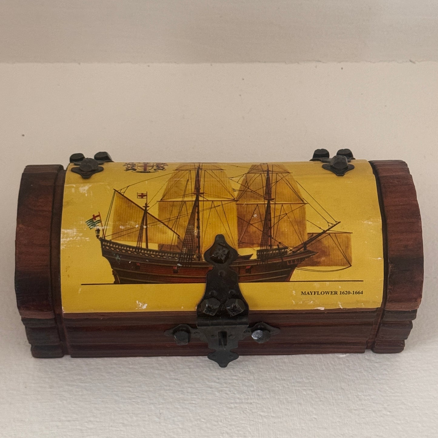 Vintage Made in Spain Wooden Mayflower Keepsake Box | Treasure Chest Jewelry Box