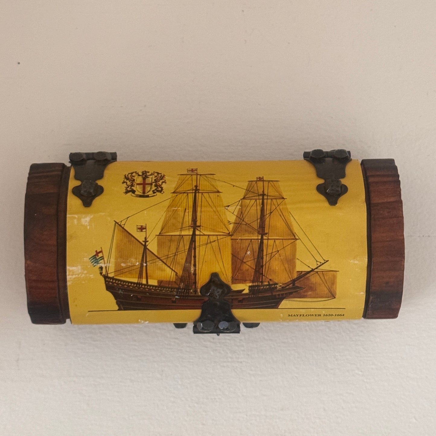 Vintage Made in Spain Wooden Mayflower Keepsake Box | Treasure Chest Jewelry Box