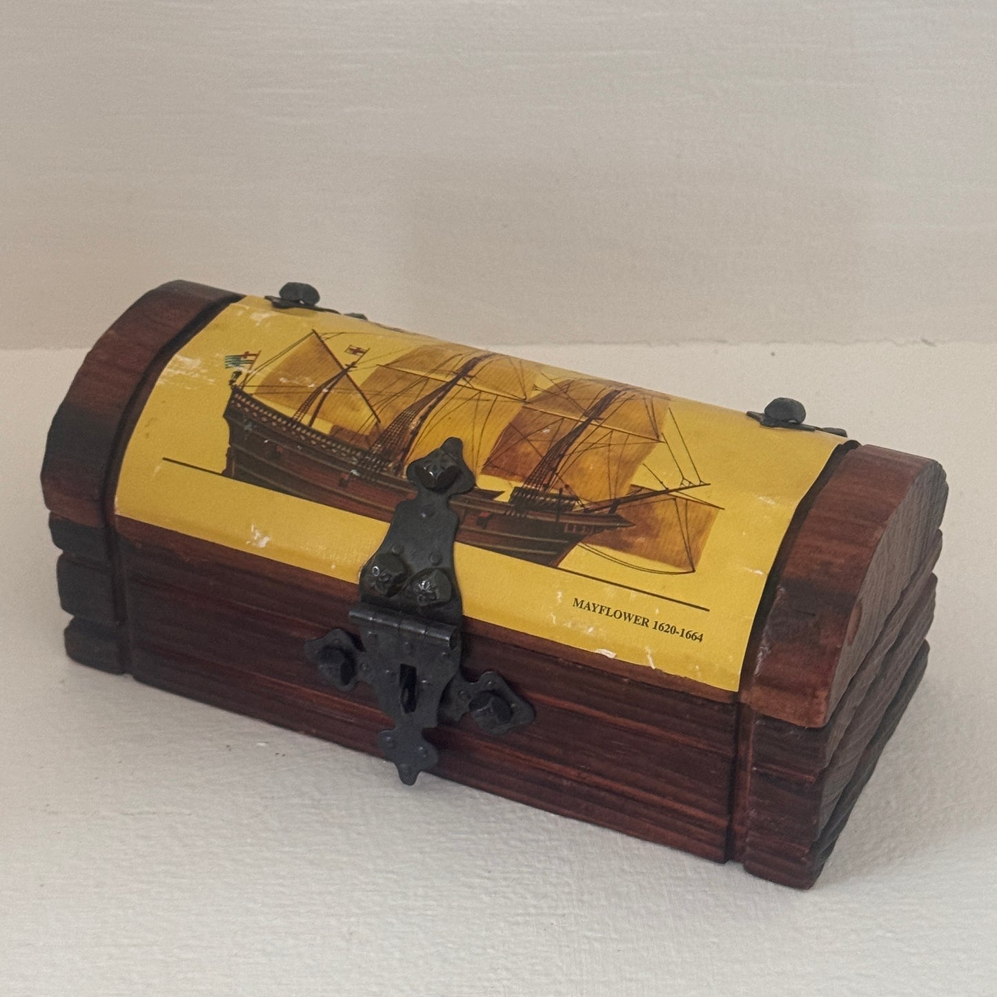 Vintage Made in Spain Wooden Mayflower Keepsake Box | Treasure Chest Jewelry Box