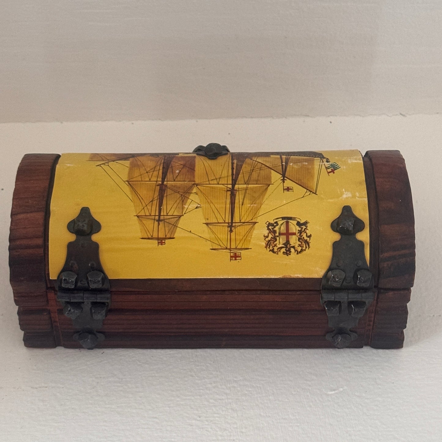Vintage Made in Spain Wooden Mayflower Keepsake Box | Treasure Chest Jewelry Box