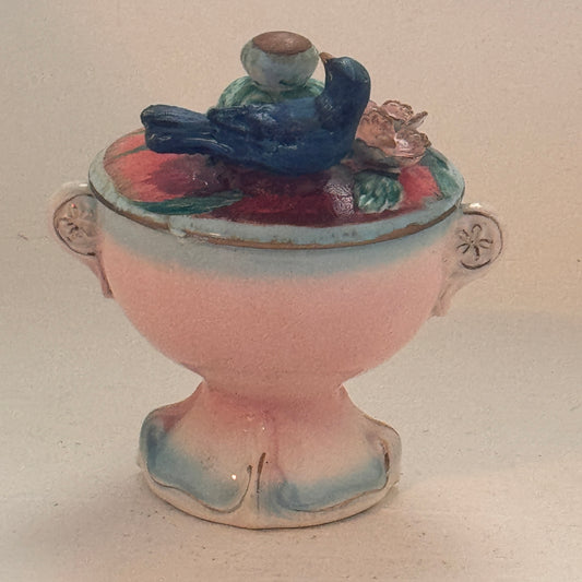 Hand Painted Pedestal Covered Bowl with Blue Bird Lid – Signed Betson Ceramic Trinket Dish