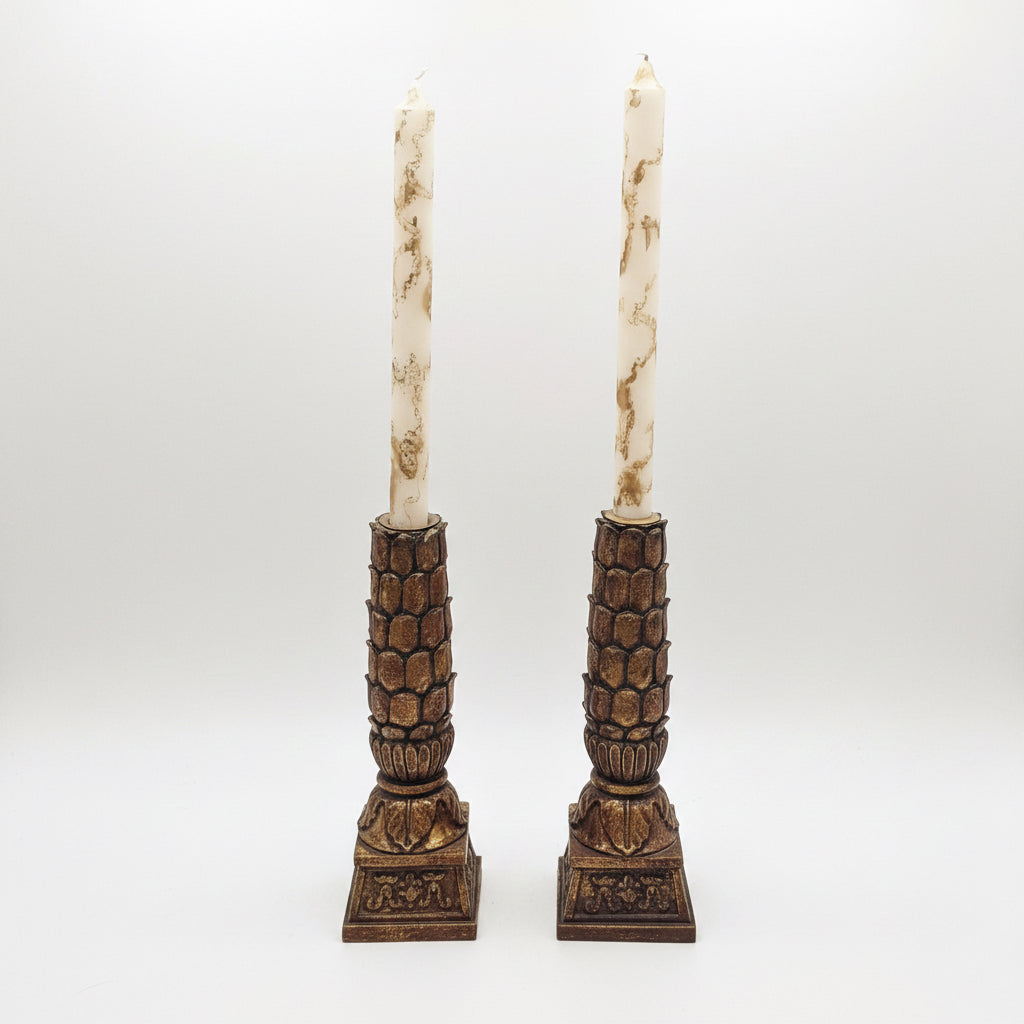 Pair of Vintage Ornate Gold Pinecone Candlestick Holders | Heavy Resin Composite | 9.75” Tall