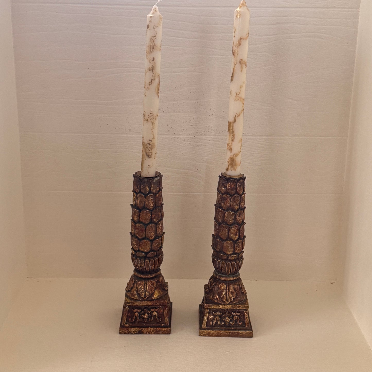 Pair of Vintage Ornate Gold Pinecone Candlestick Holders | Heavy Resin Composite | 9.75” Tall