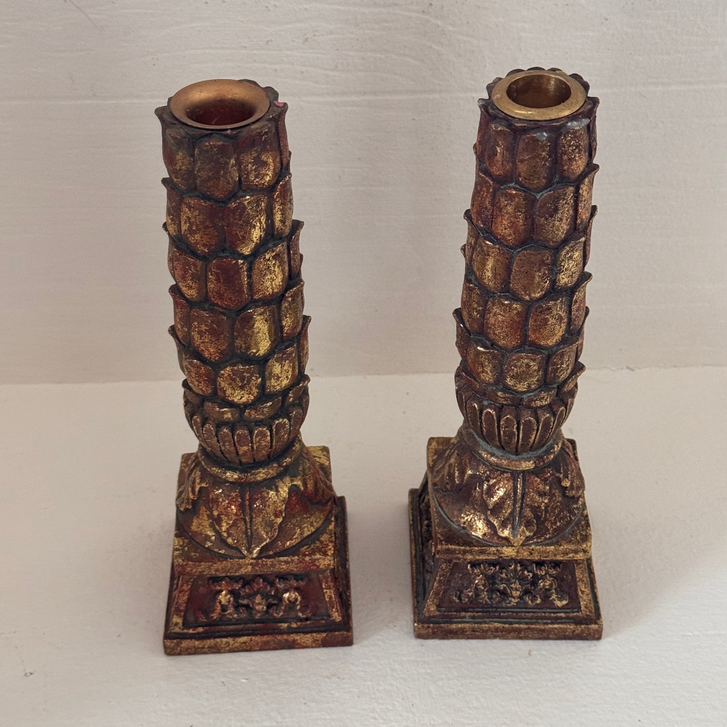 Pair of Vintage Ornate Gold Pinecone Candlestick Holders | Heavy Resin Composite | 9.75” Tall