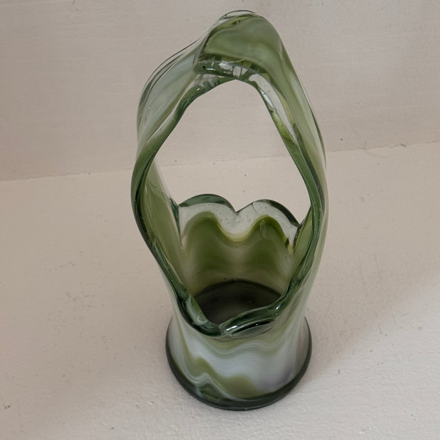 Vintage Hand Blown Green & White Art Glass Basket Vase | Mid Century Swirl Glass