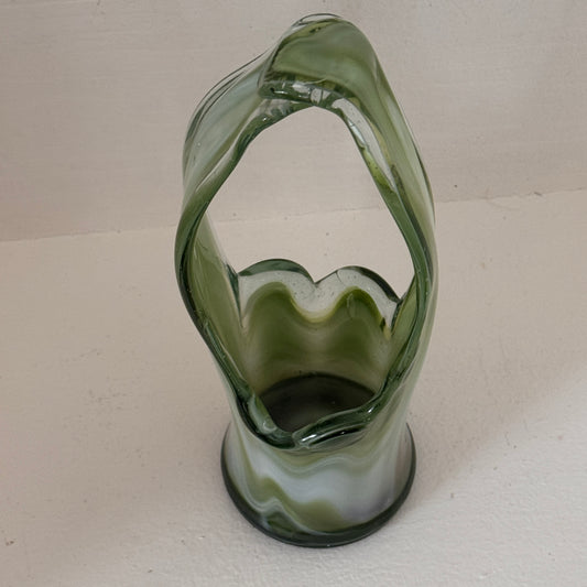 Vintage Hand Blown Green & White Art Glass Basket Vase | Mid Century Swirl Glass