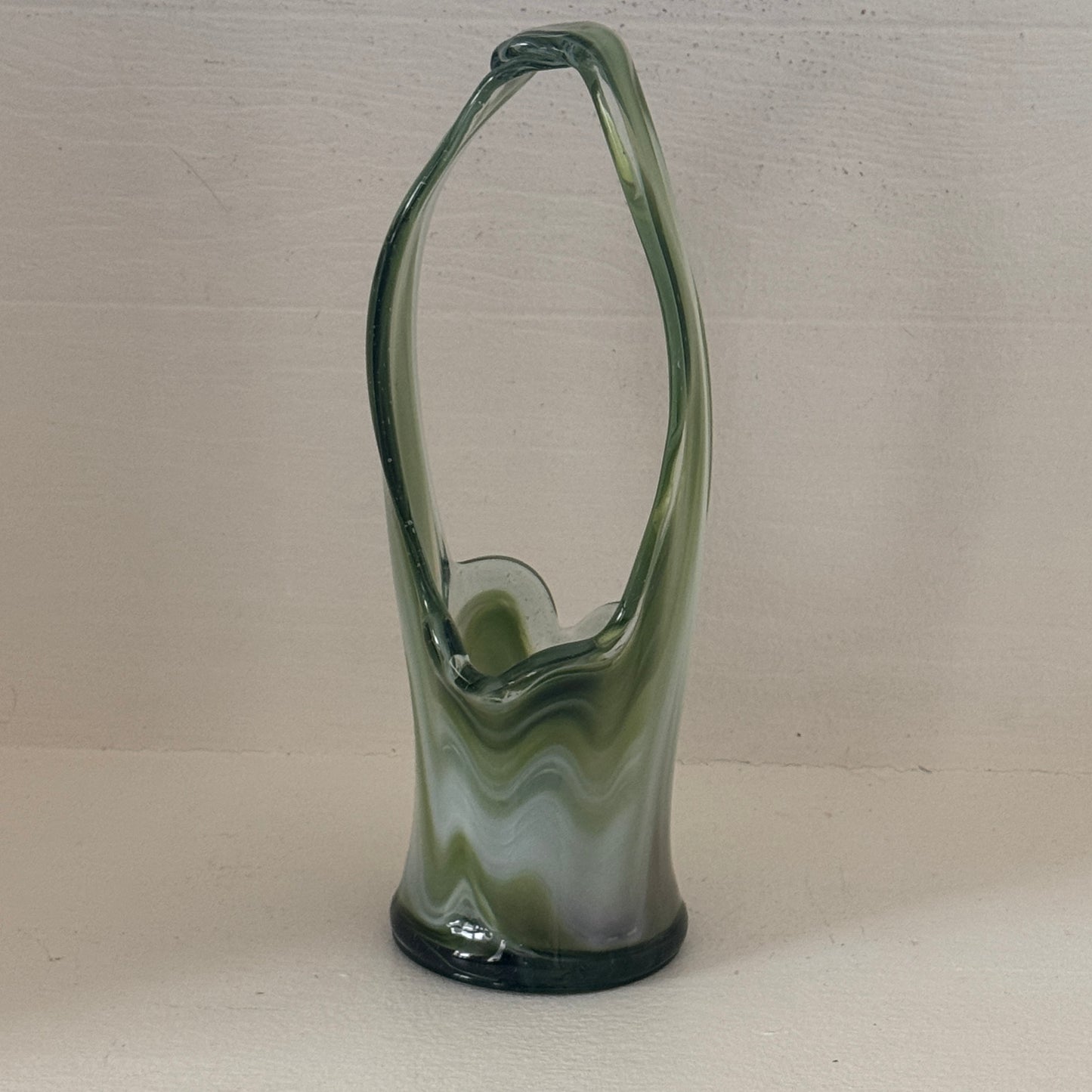 Vintage Hand Blown Green & White Art Glass Basket Vase | Mid Century Swirl Glass