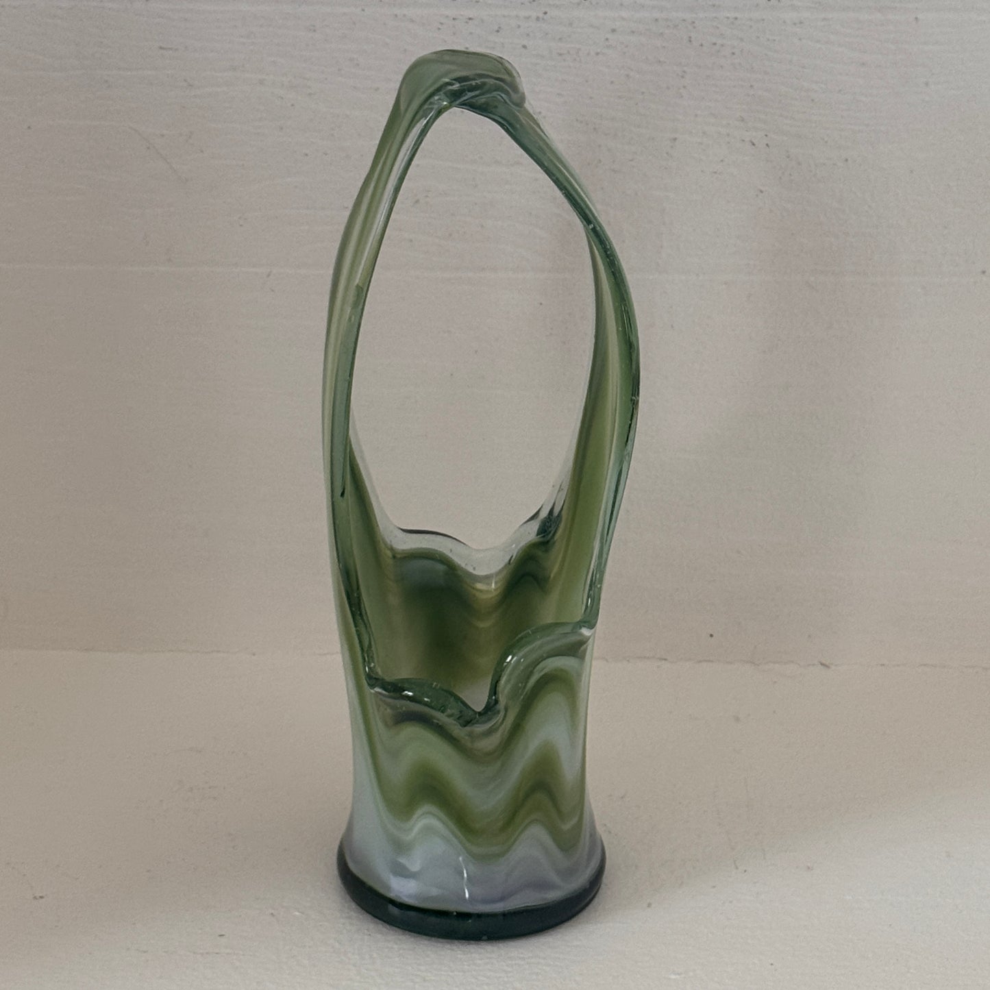 Vintage Hand Blown Green & White Art Glass Basket Vase | Mid Century Swirl Glass