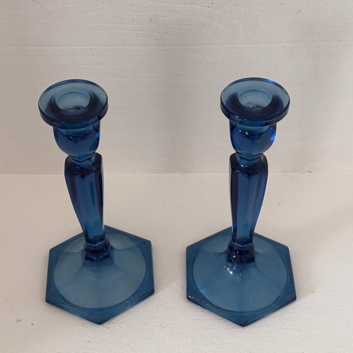 Vintage Cobalt Blue Glass Candlesticks Pair