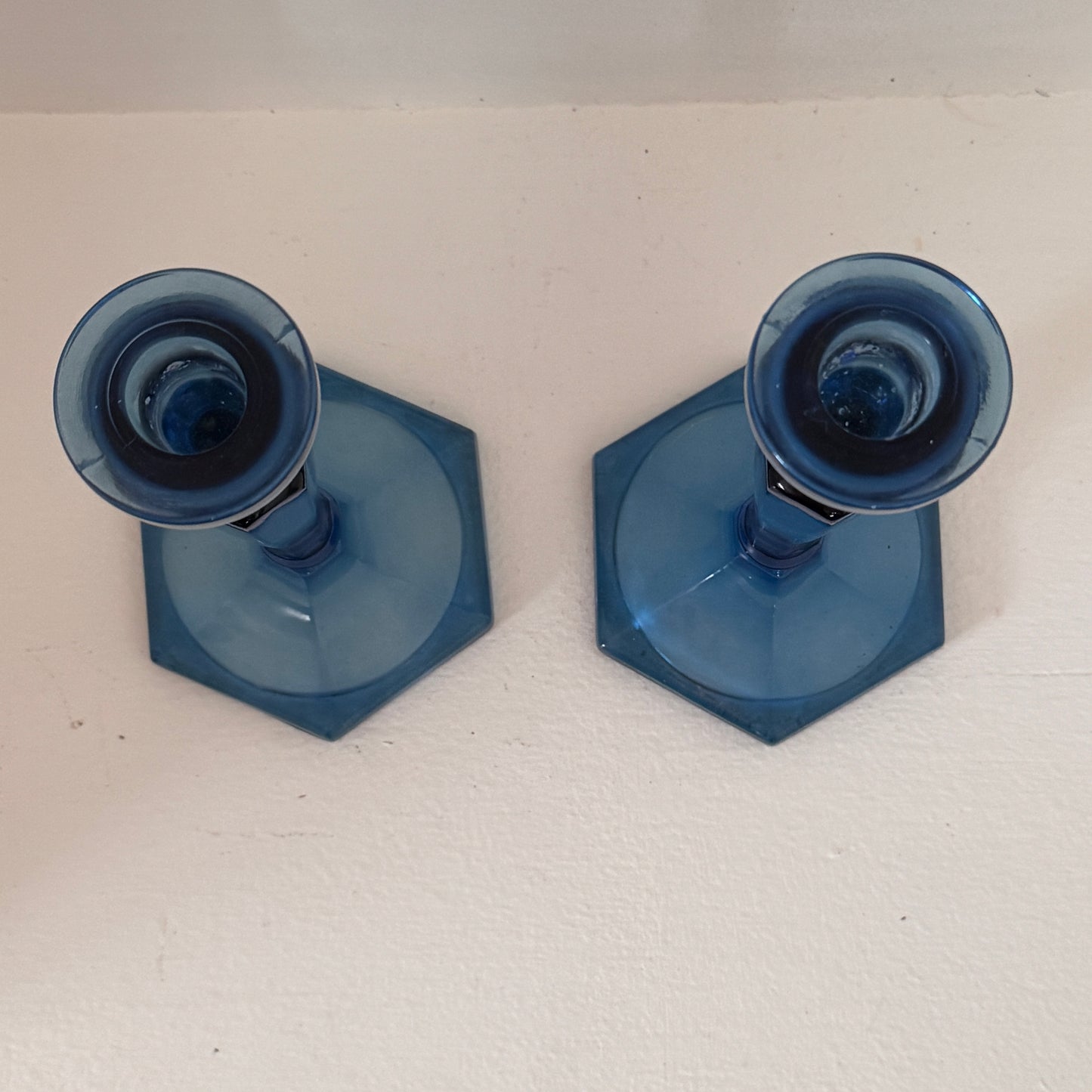 Vintage Cobalt Blue Glass Candlesticks Pair