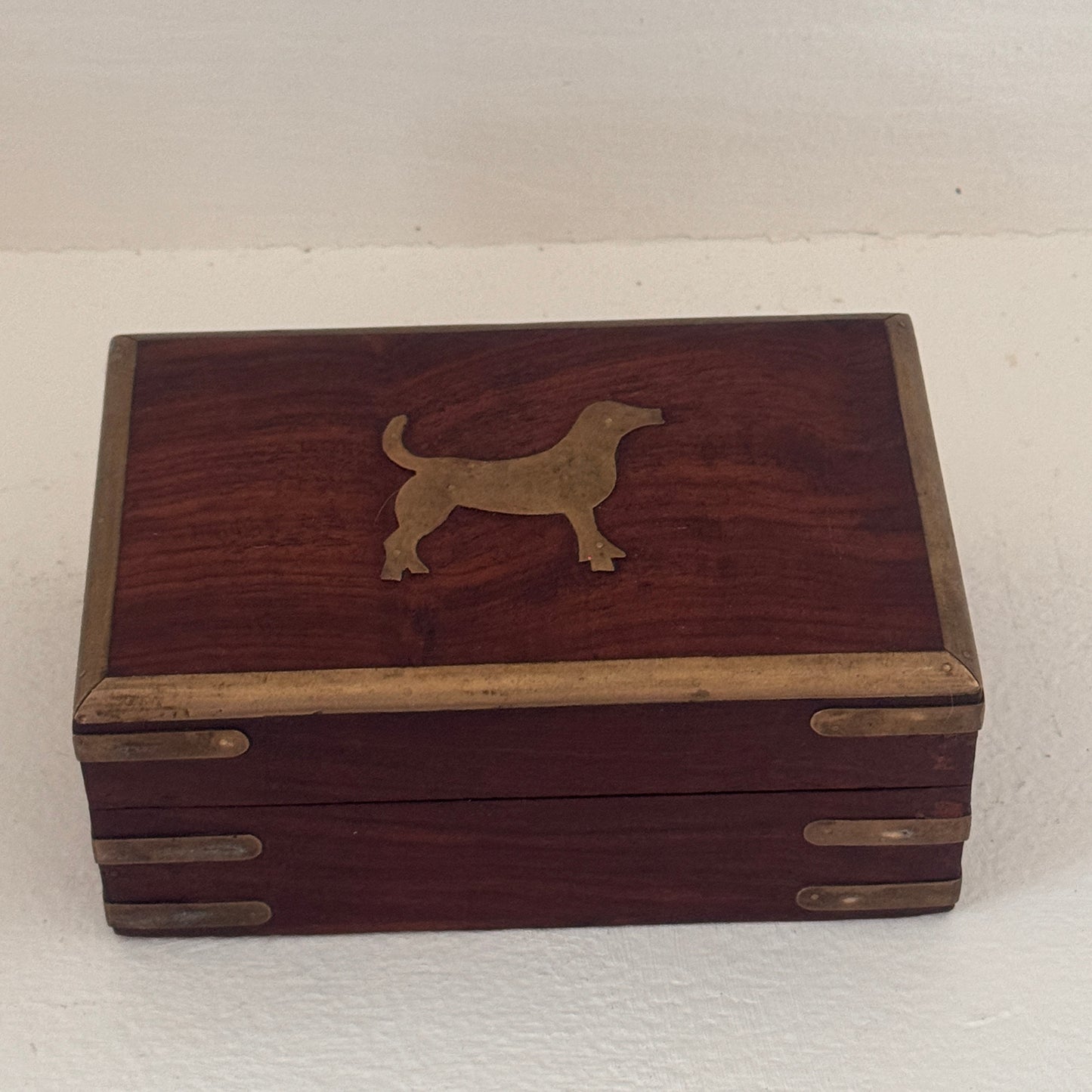 Vintage Brass & Wood Keepsake Box with Dachshund Inlay – Made in India
