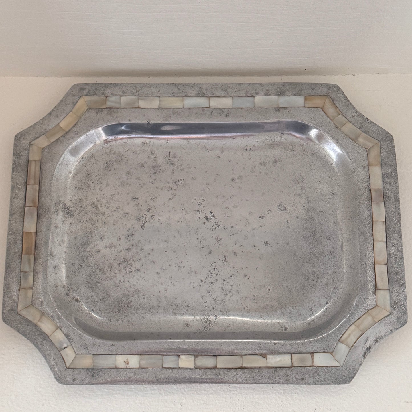 Vintage Silver-Tone Serving Tray with Mother of Pearl Inlay Border | Made in India