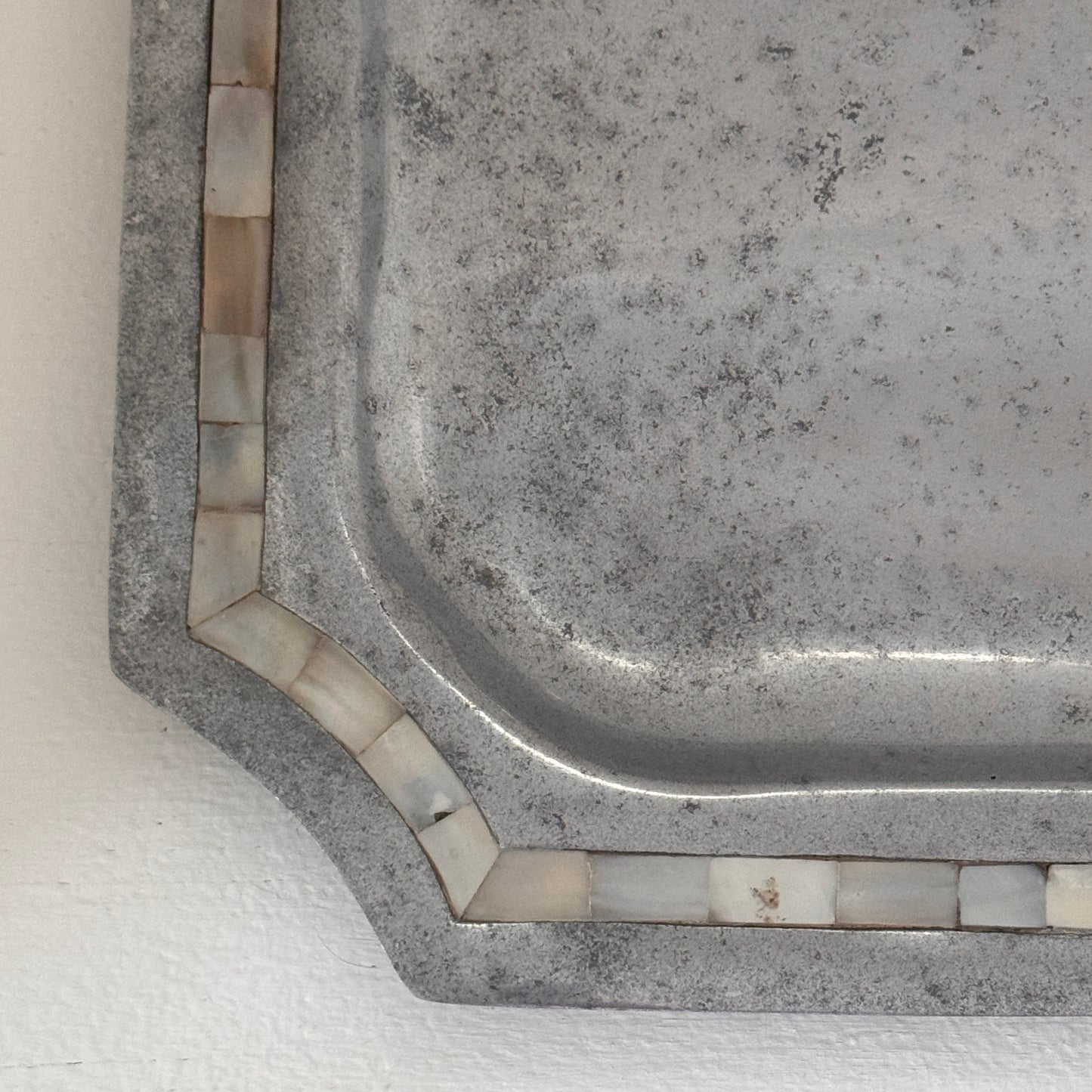 Vintage Silver-Tone Serving Tray with Mother of Pearl Inlay Border | Made in India
