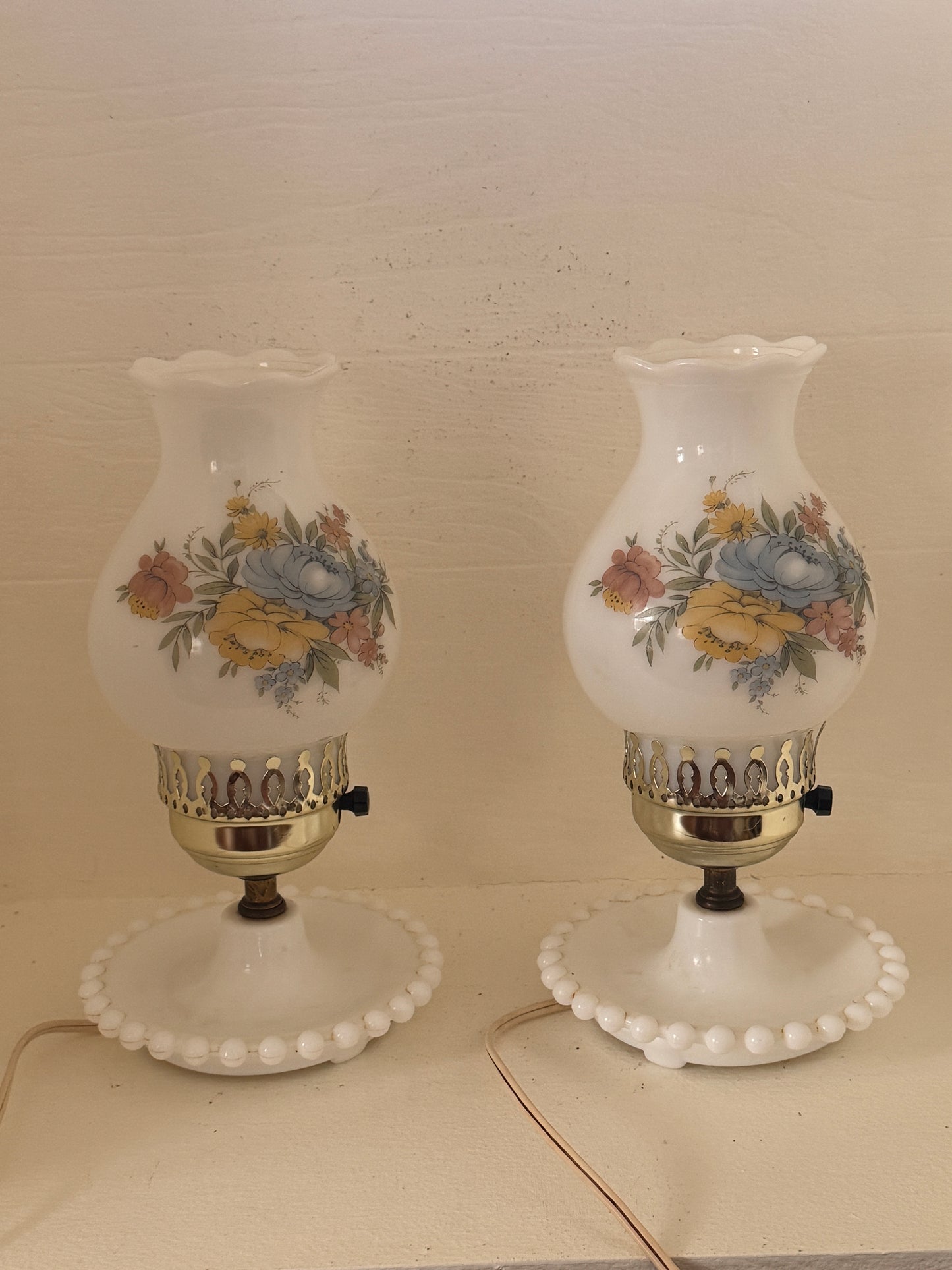 Vintage Pair of Milk Glass Hurricane Accent Lamps with Hand-Painted Floral Shades