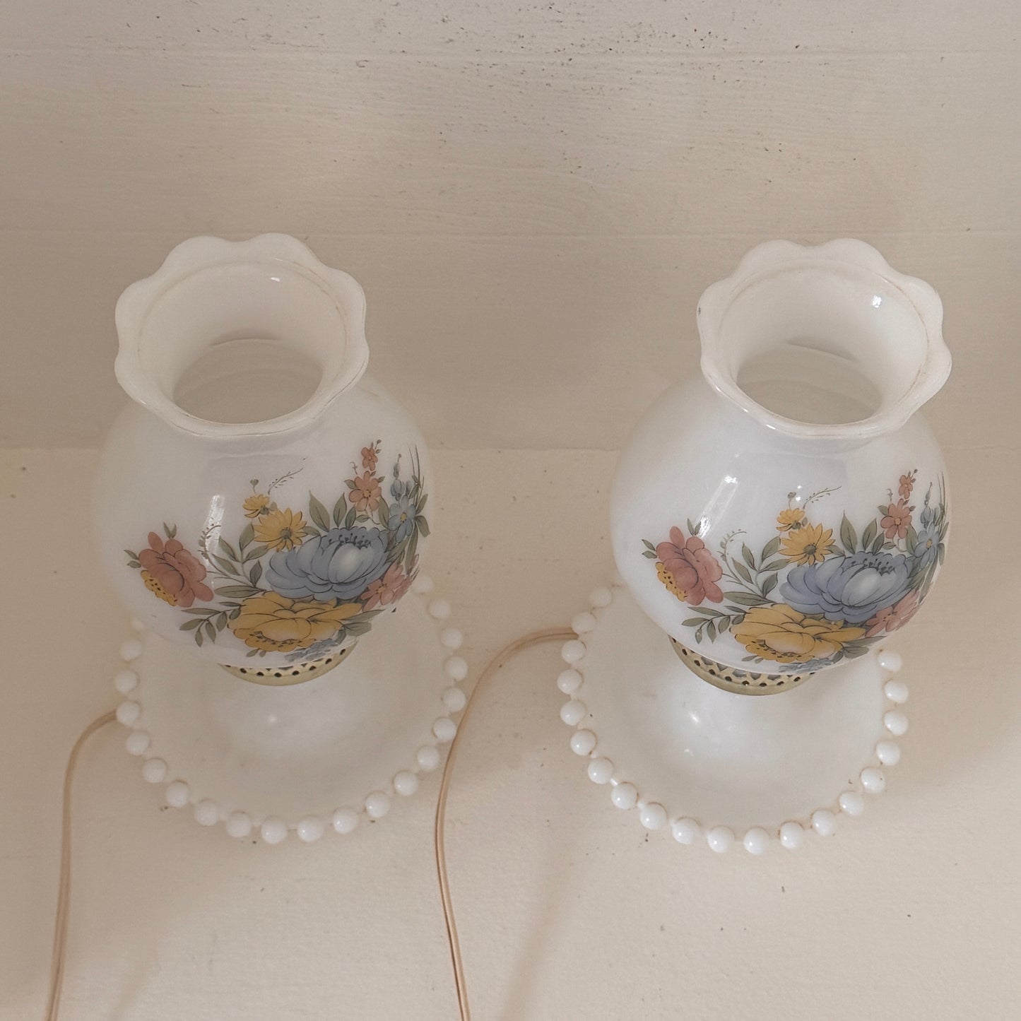 Vintage Pair of Milk Glass Hurricane Accent Lamps with Hand-Painted Floral Shades