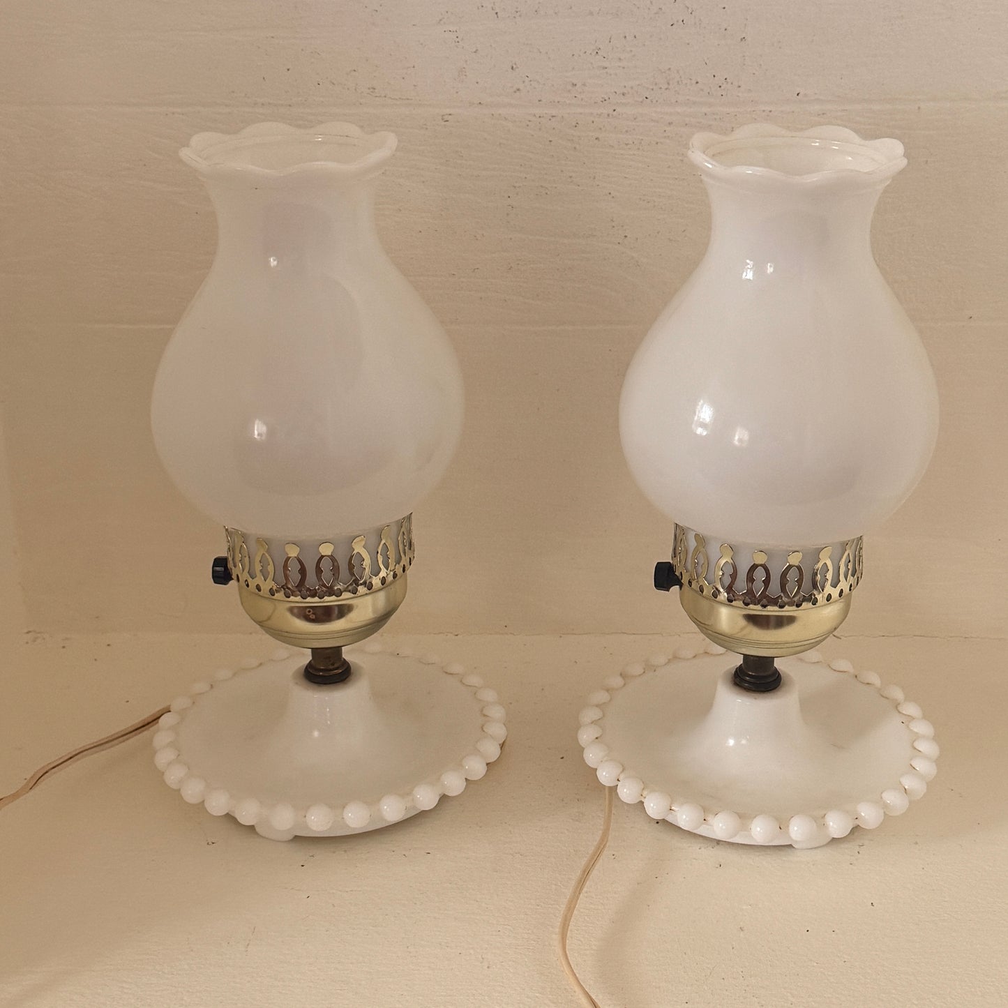 Vintage Pair of Milk Glass Hurricane Accent Lamps with Hand-Painted Floral Shades
