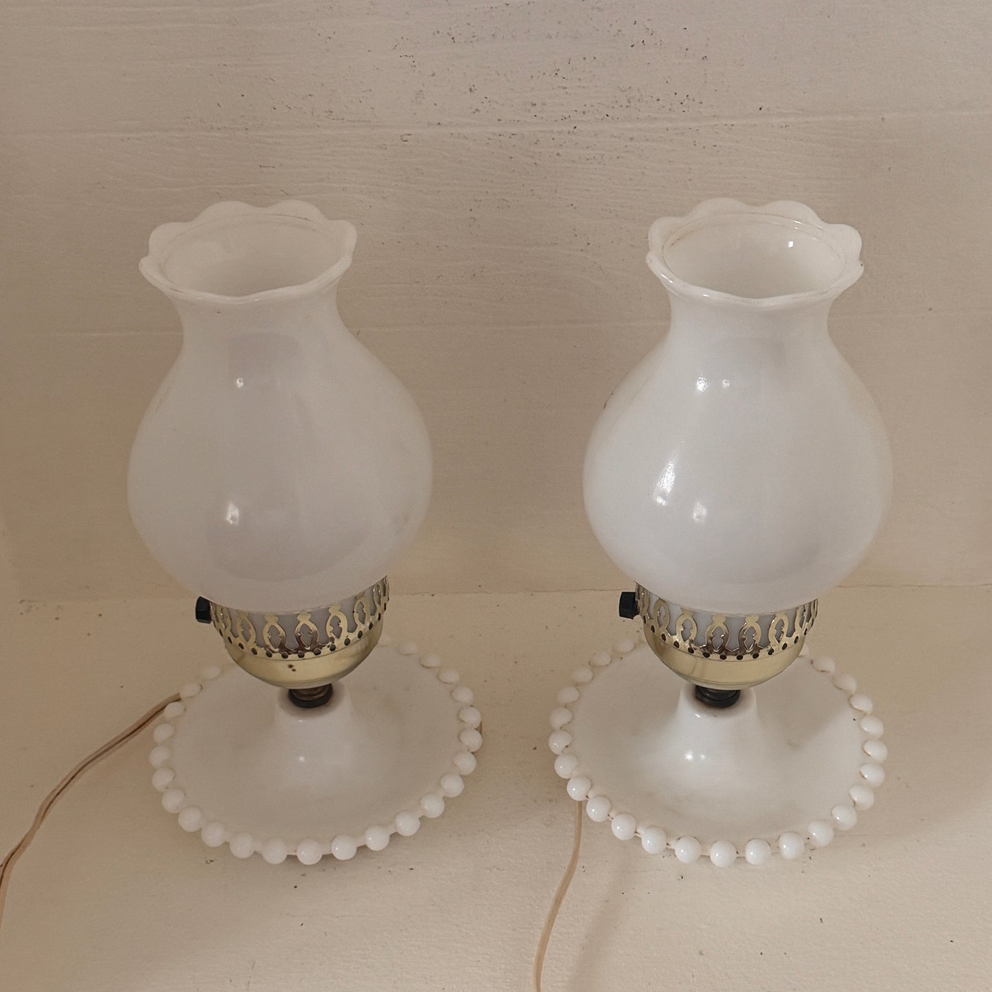 Vintage Pair of Milk Glass Hurricane Accent Lamps with Hand-Painted Floral Shades