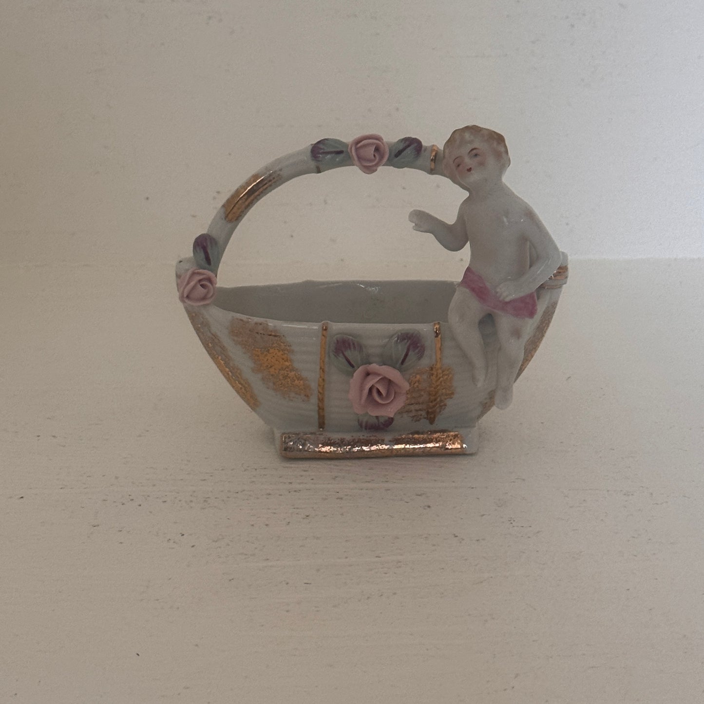 Vintage Occupied Japan Porcelain Cherub Basket Planter | White & Pink Rose Ceramic Vase with Gold Accents