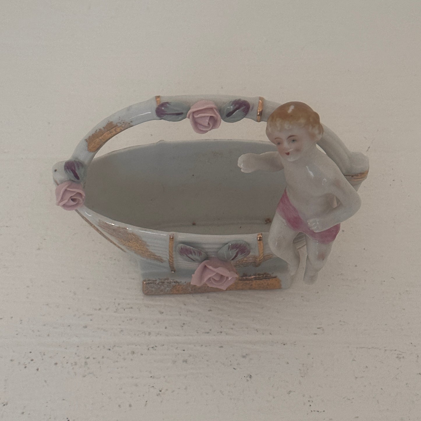 Vintage Occupied Japan Porcelain Cherub Basket Planter | White & Pink Rose Ceramic Vase with Gold Accents