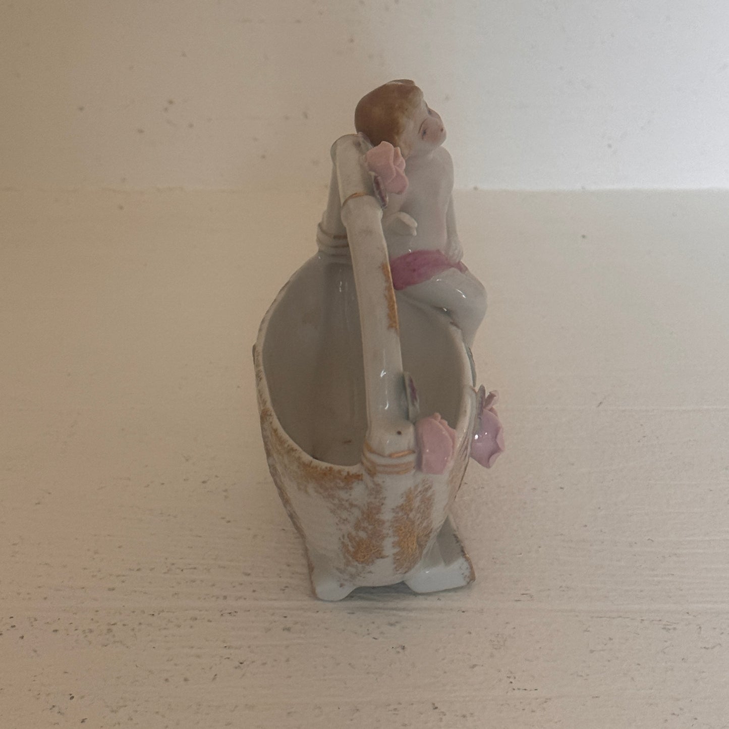Vintage Occupied Japan Porcelain Cherub Basket Planter | White & Pink Rose Ceramic Vase with Gold Accents