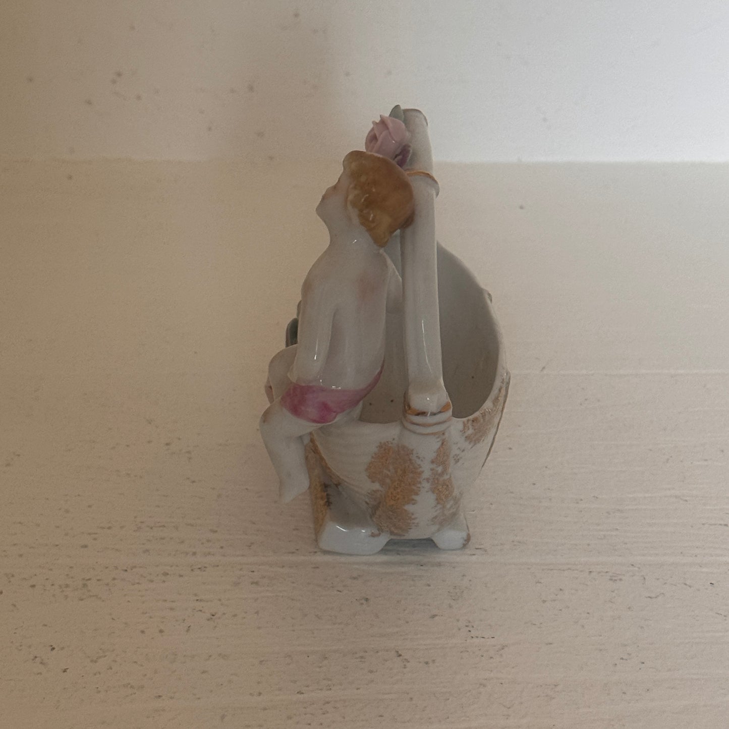 Vintage Occupied Japan Porcelain Cherub Basket Planter | White & Pink Rose Ceramic Vase with Gold Accents