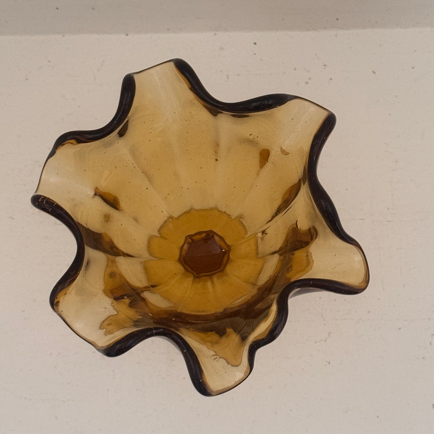 Vintage Amber Handkerchief Glass Vase | Mid Century Pedestal Vase | Scalloped Art Glass Centerpiece