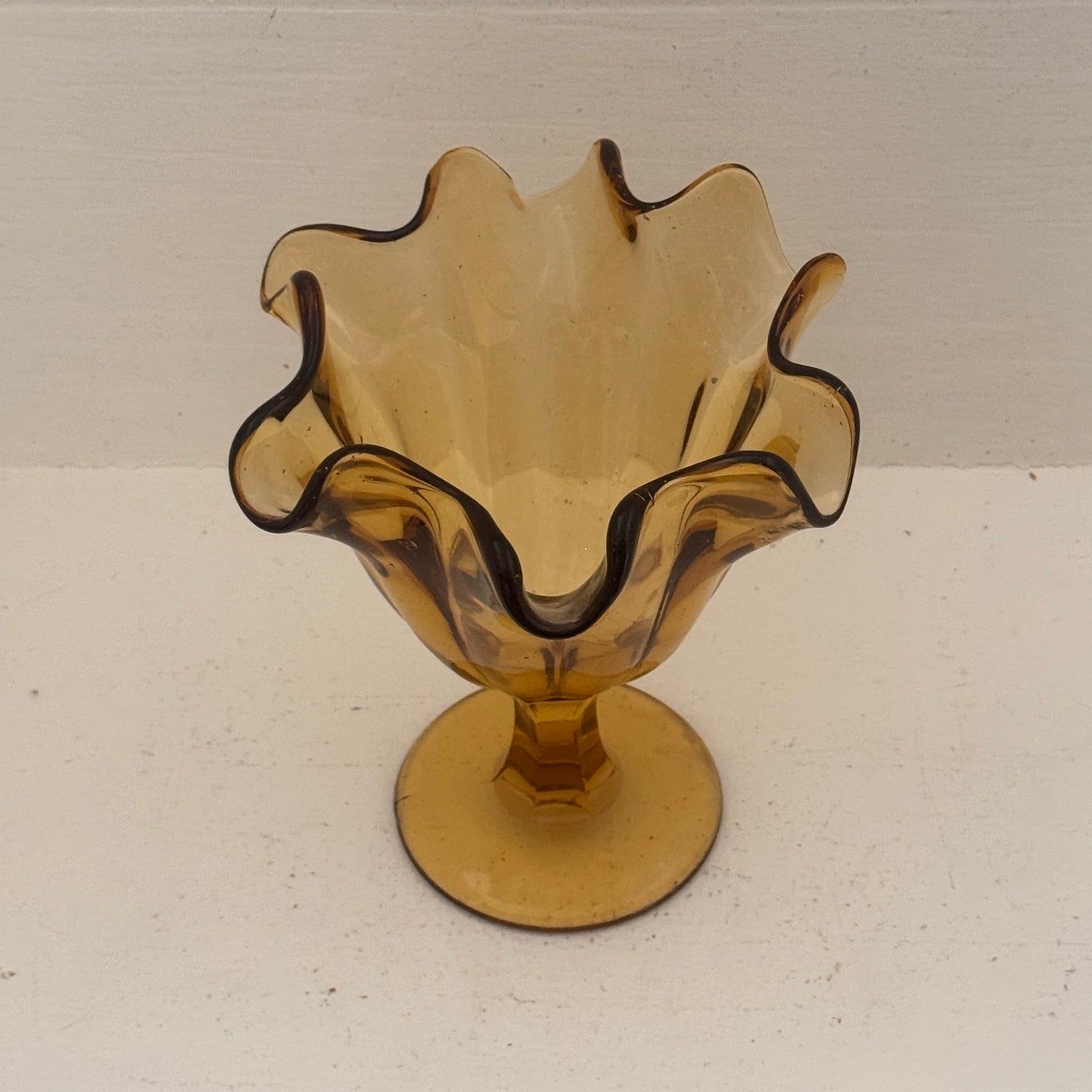 Vintage Amber Handkerchief Glass Vase | Mid Century Pedestal Vase | Scalloped Art Glass Centerpiece