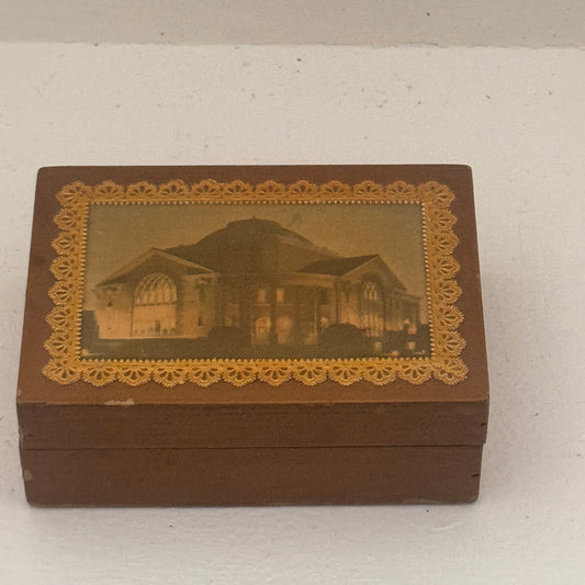Vintage Wooden Jewelry Trinket Box with Church Decoupage | Velvet Lined Keepsake Box | Handmade Wood Storage