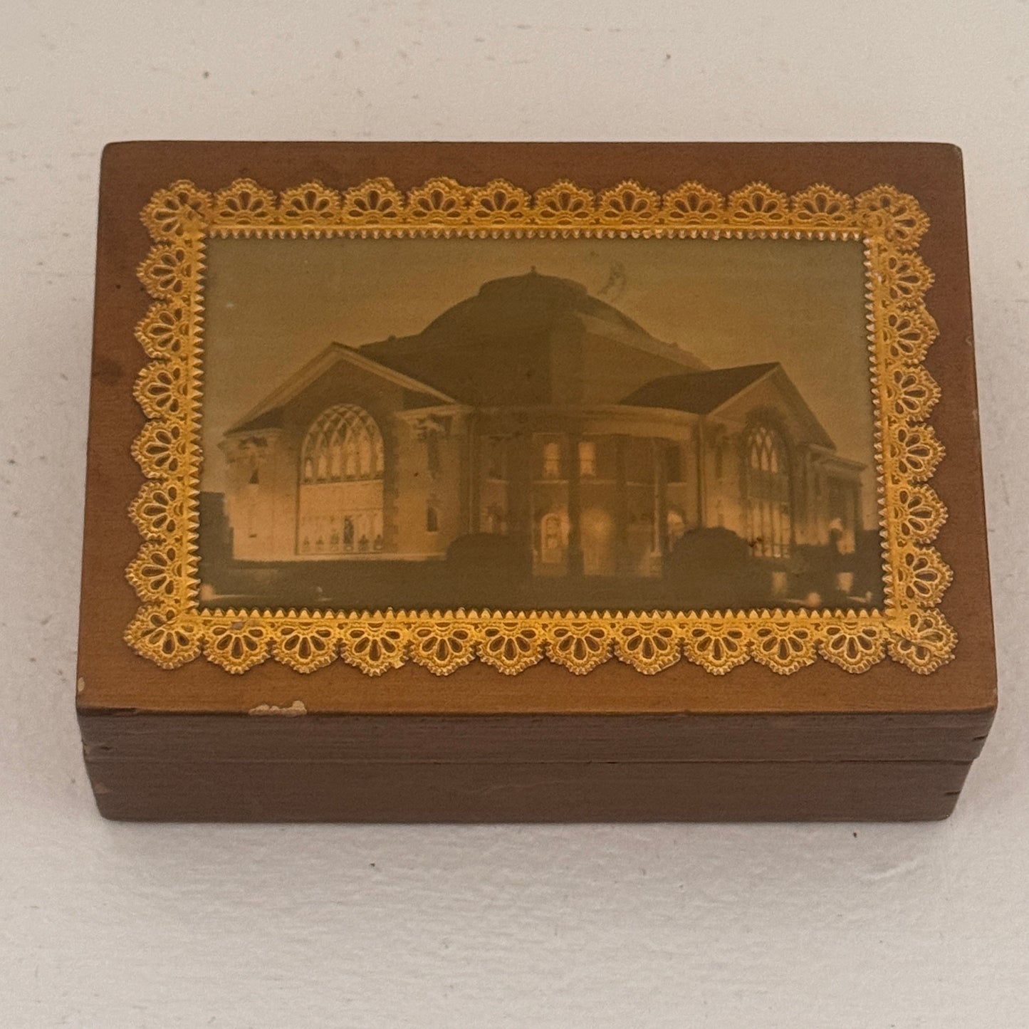 Vintage Wooden Jewelry Trinket Box with Church Decoupage | Velvet Lined Keepsake Box | Handmade Wood Storage