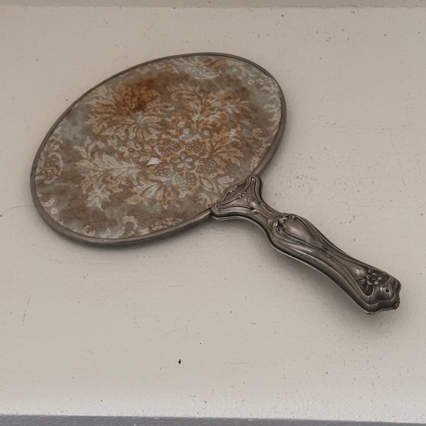 Antique Art Nouveau Hand Mirror | Ornate Floral Vanity Mirror | Silver Tone Dresser Decor