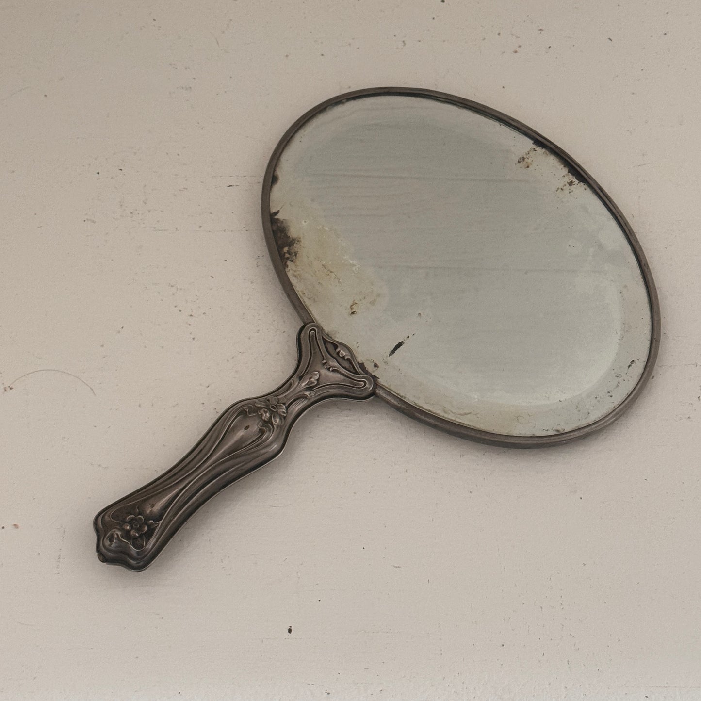 Antique Art Nouveau Hand Mirror | Ornate Floral Vanity Mirror | Silver Tone Dresser Decor