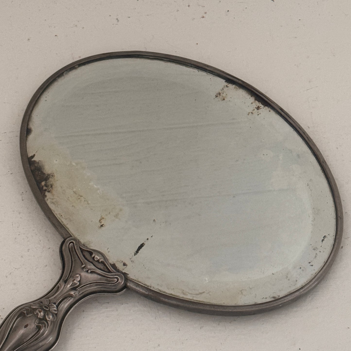 Antique Art Nouveau Hand Mirror | Ornate Floral Vanity Mirror | Silver Tone Dresser Decor