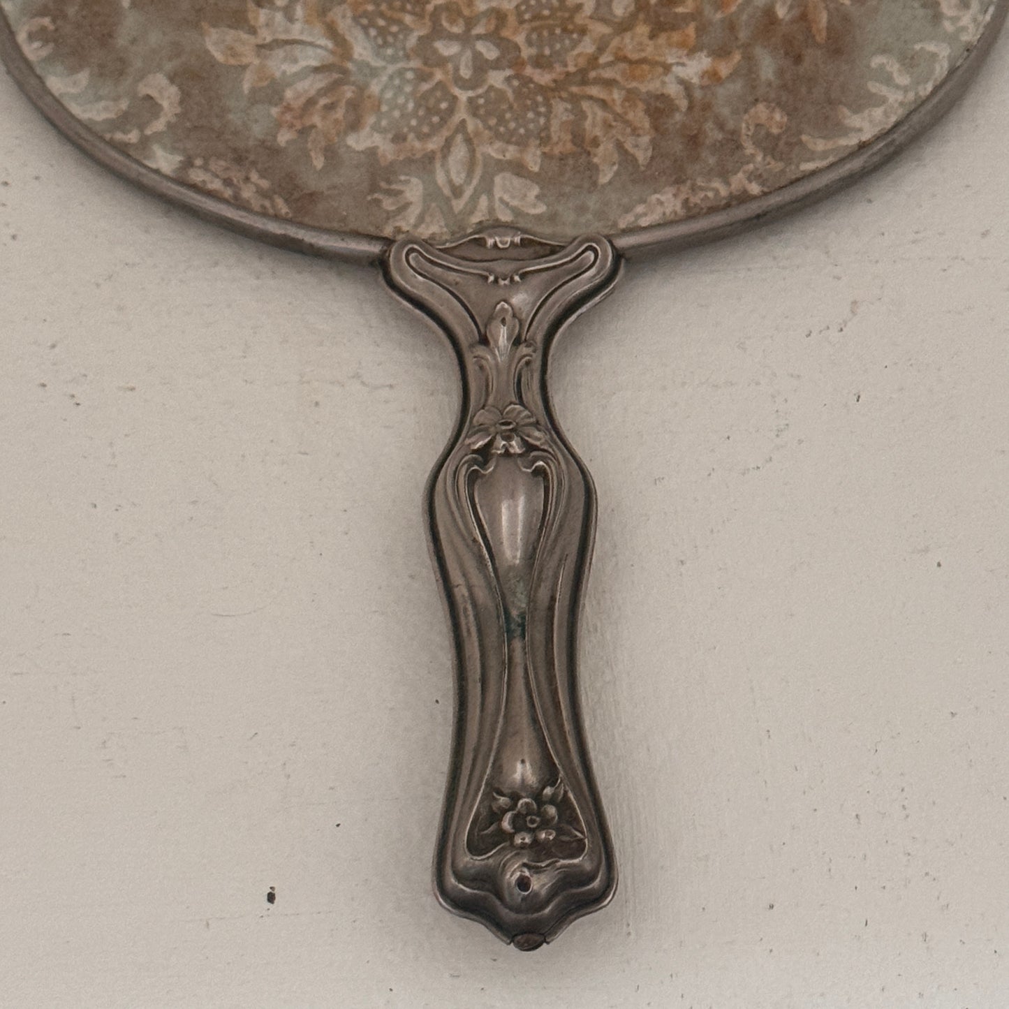 Antique Art Nouveau Hand Mirror | Ornate Floral Vanity Mirror | Silver Tone Dresser Decor