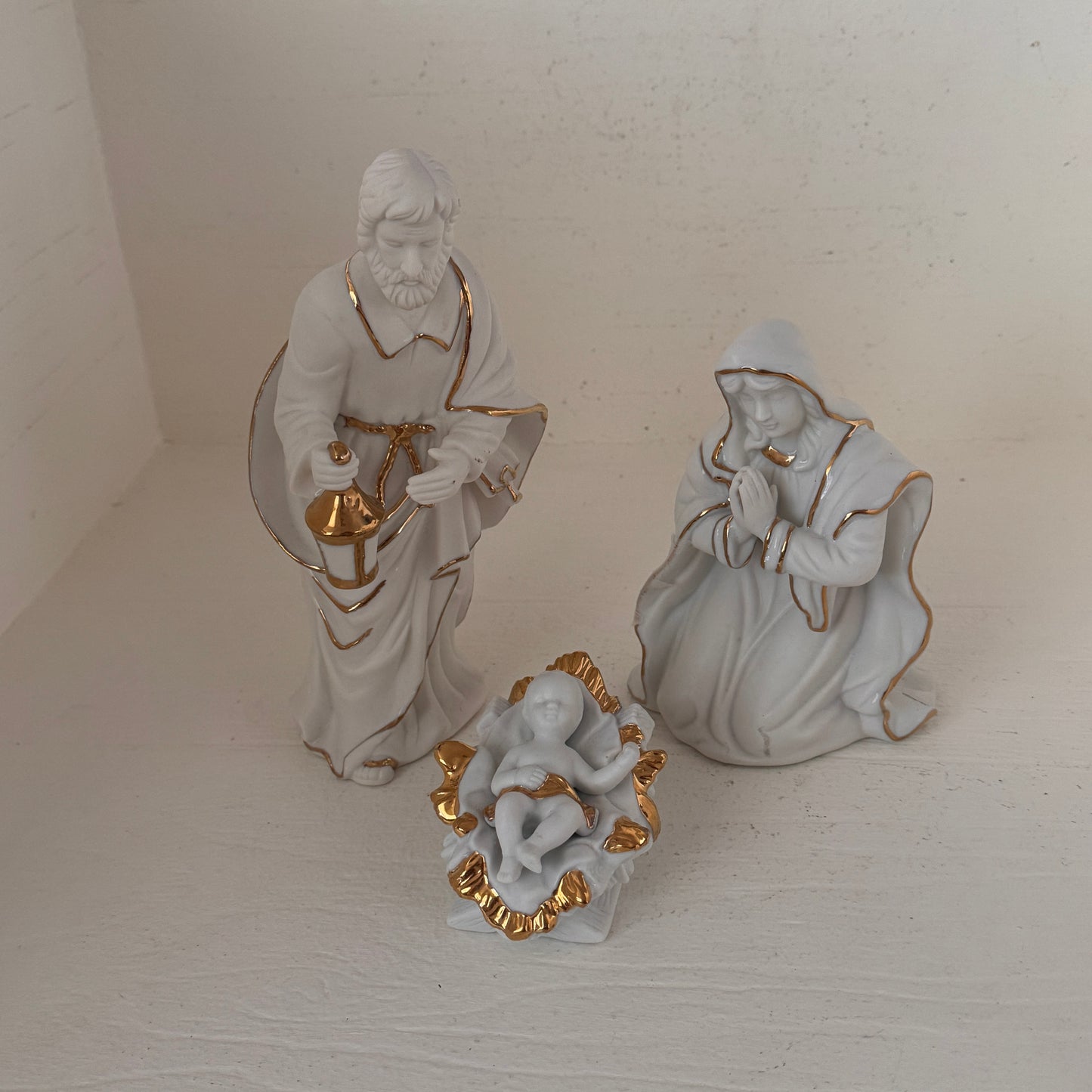 Vintage White Bisque Porcelain Nativity Set | 3 Piece Christmas Holy Family | Gold Trim Joseph Mary Baby Jesus