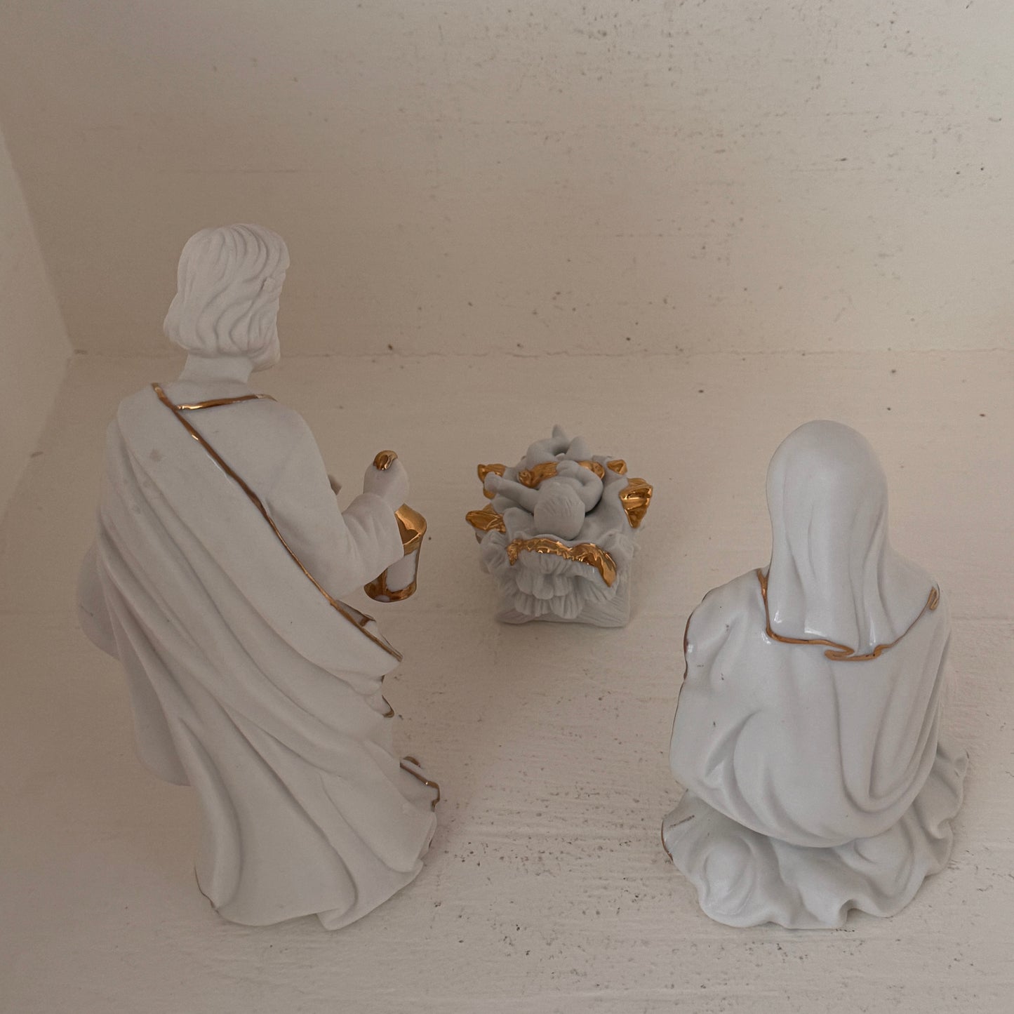 Vintage White Bisque Porcelain Nativity Set | 3 Piece Christmas Holy Family | Gold Trim Joseph Mary Baby Jesus