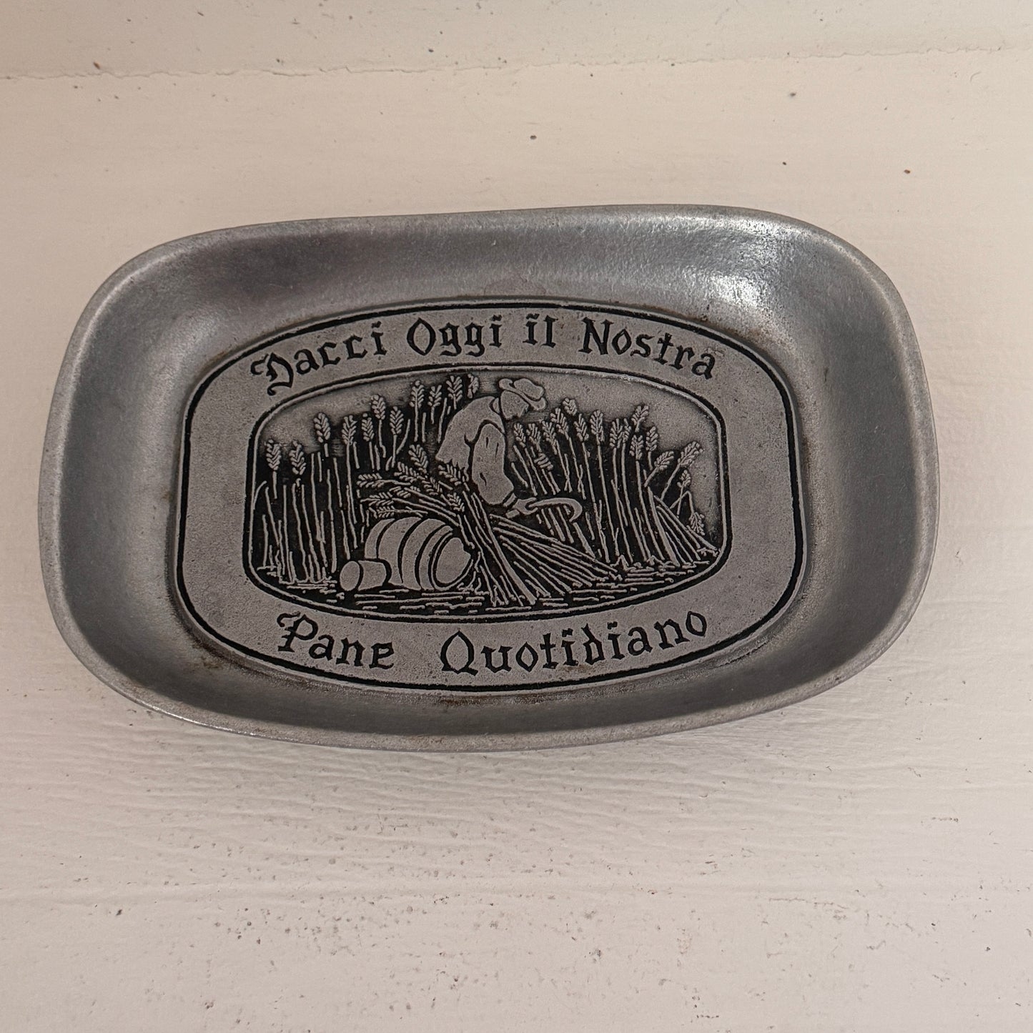 Vintage Pewter Bread Tray “Dacci Oggi il Nostra Pane Quotidiano” Italian Daily Bread Dish