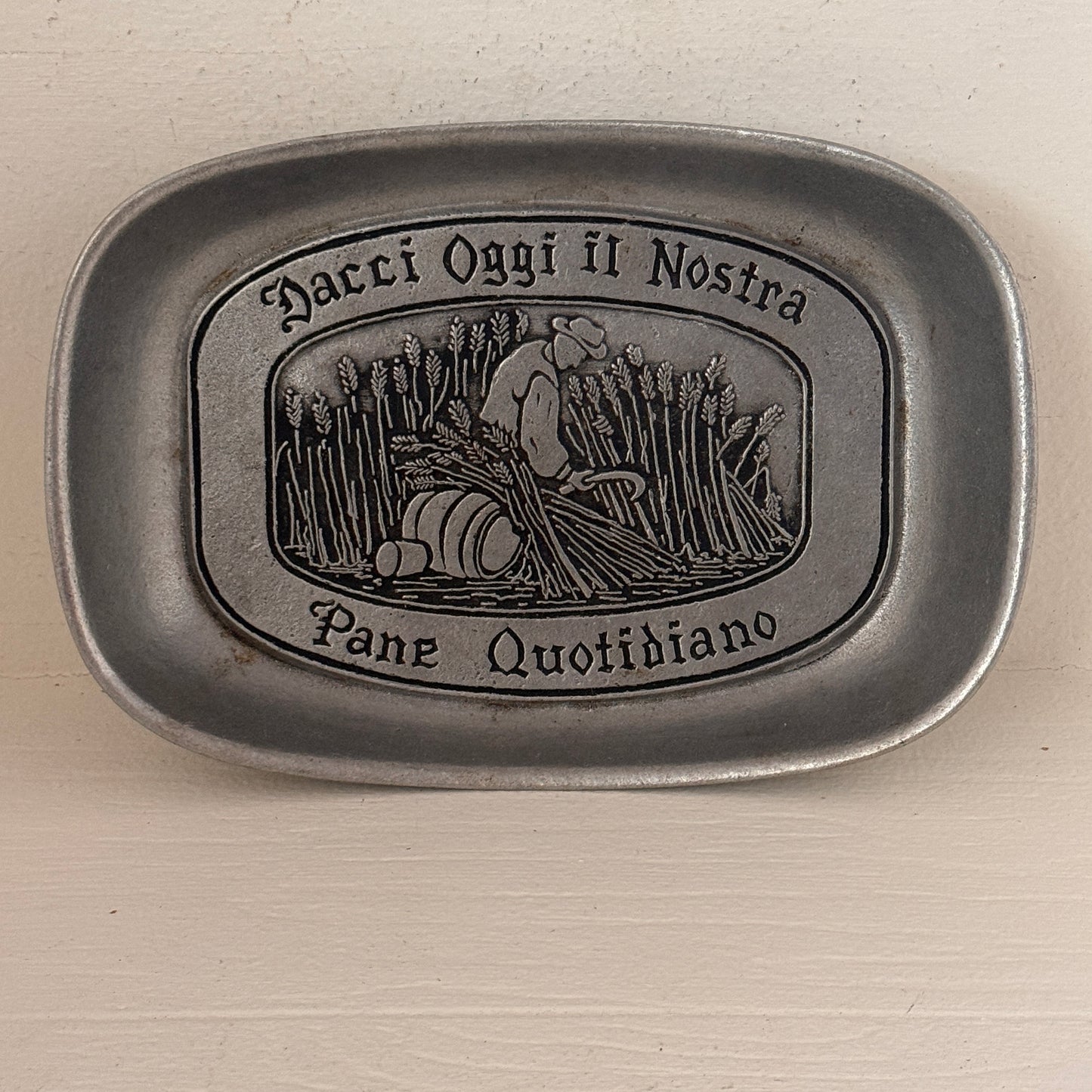 Vintage Pewter Bread Tray “Dacci Oggi il Nostra Pane Quotidiano” Italian Daily Bread Dish