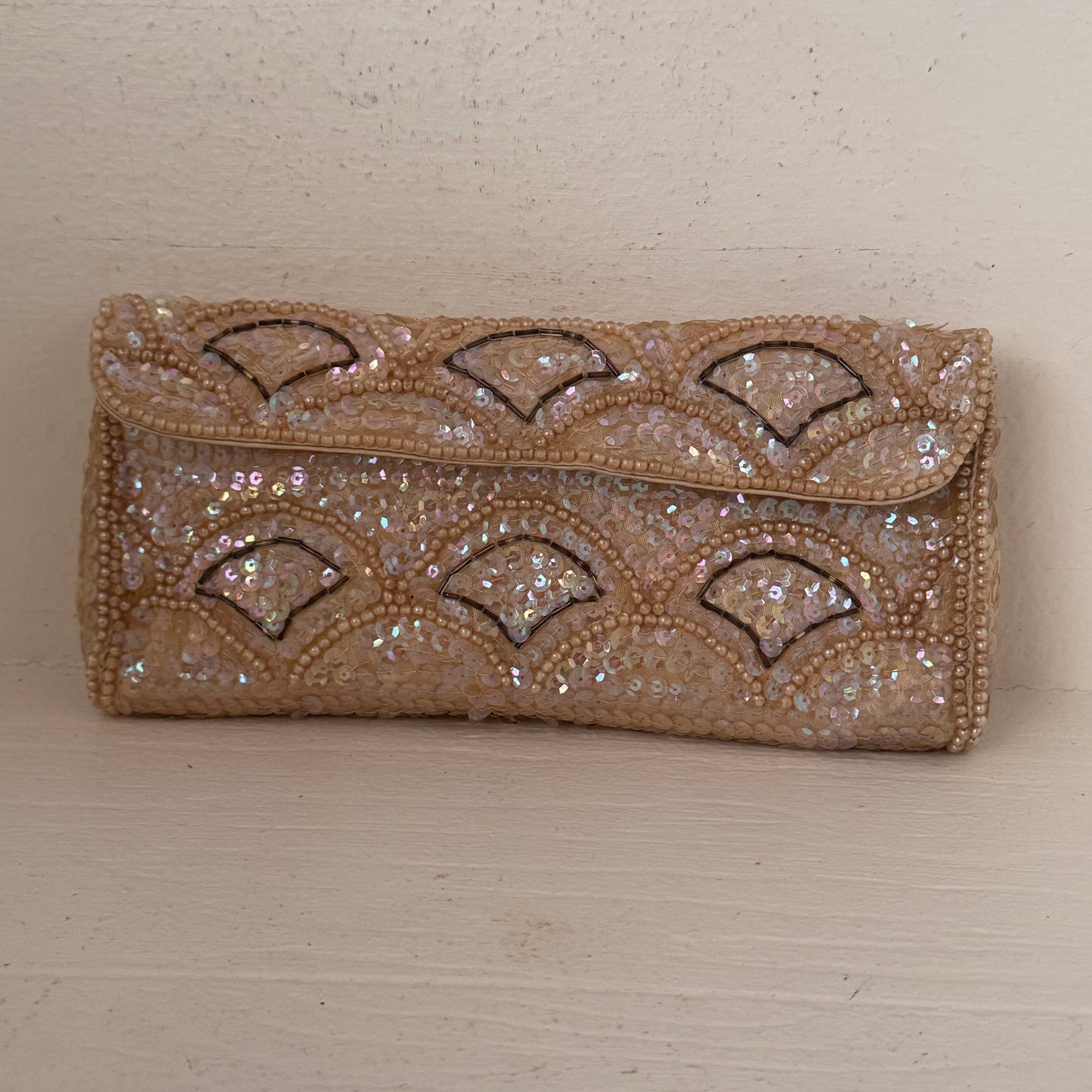Vintage Japanese Beaded Sequin Evening Clutch Purse | Champagne Satin Formal Handbag | Made in Japan