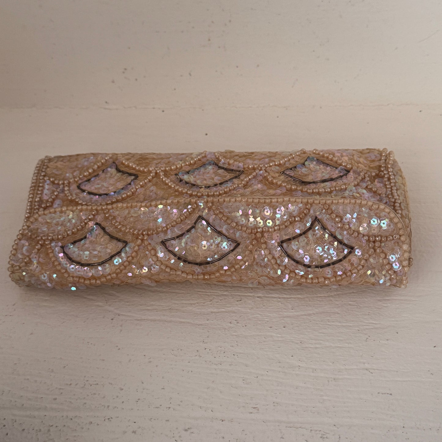 Vintage Japanese Beaded Sequin Evening Clutch Purse | Champagne Satin Formal Handbag | Made in Japan