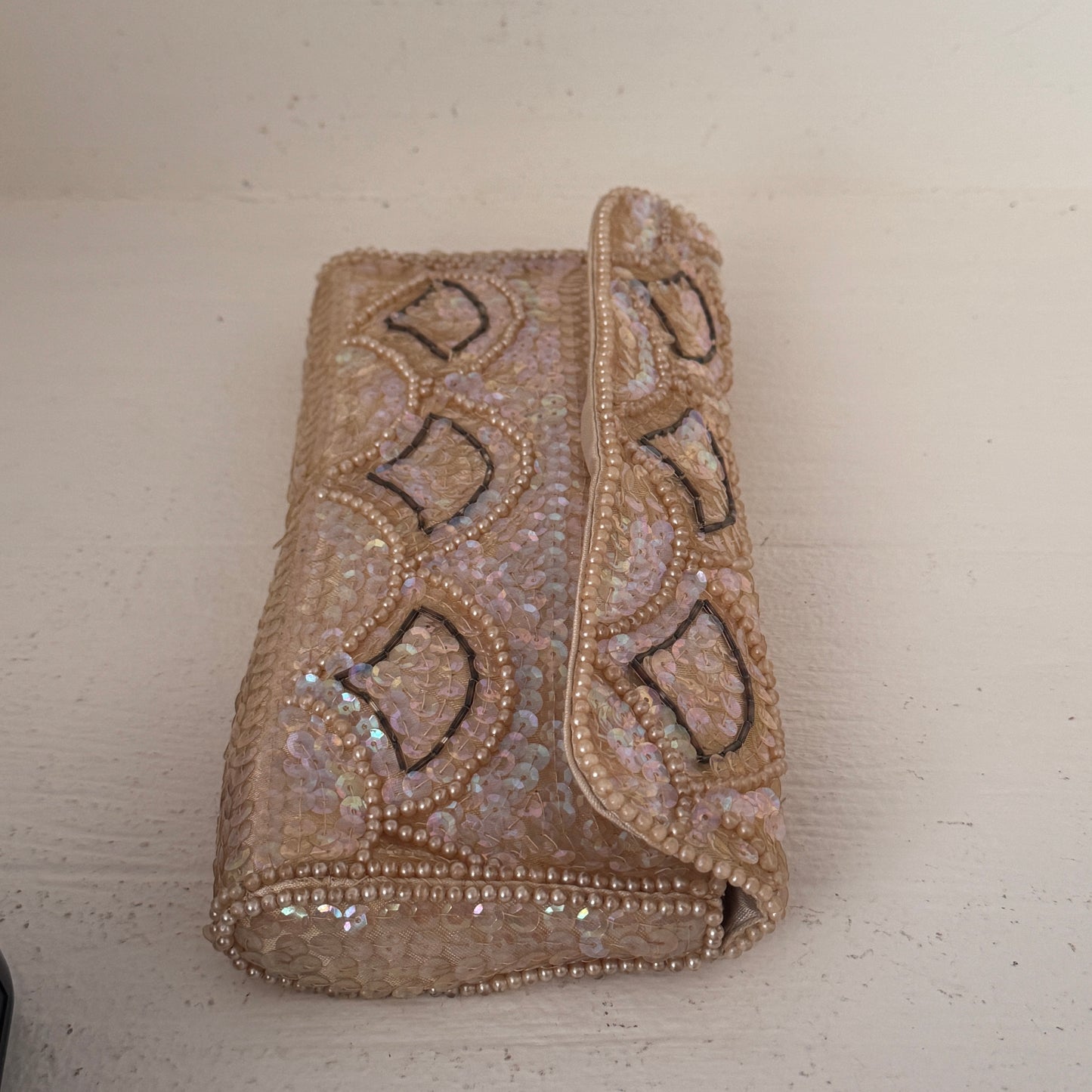 Vintage Japanese Beaded Sequin Evening Clutch Purse | Champagne Satin Formal Handbag | Made in Japan